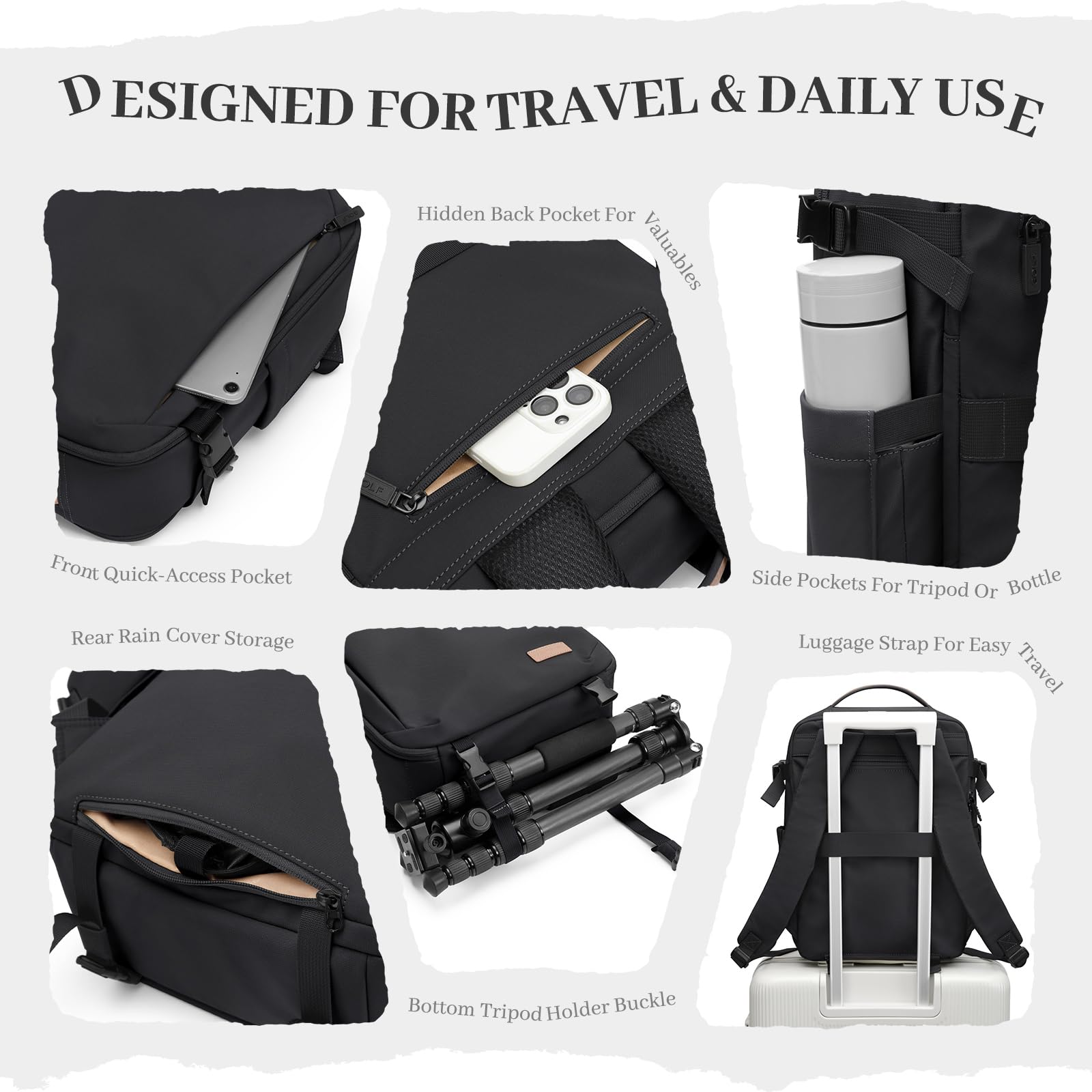 Sac à Dos pour Appareil Photo avec Compartiment Ordinateur Portable 14 Pouces et Housse imperméable, Sac Photo Professionel pour DSLR/SLR/Drone, Sac de Photographie avec Canon/Nikon/Sony (Noir)