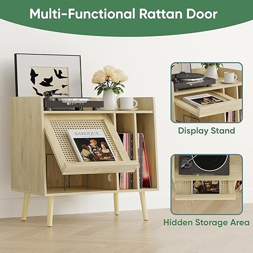 Miniatura 4 de Soporte grande para tocadiscos con armario de almacenamiento y revistero de ratán, mesa auxiliar de almacenamiento de discos de vinilo con patas de