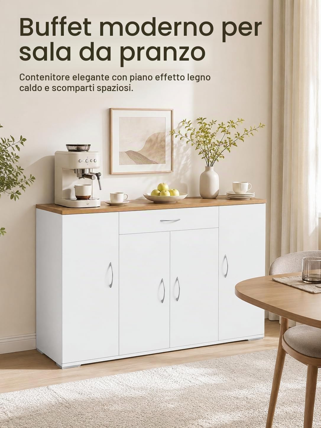 Hitsuki Credenza Sala da Pranzo Bianca con 4 Ante e 1 Cassetto 110×30×70cm | Credenza con 4 ante e 1 cassetto, spazio pratico per organizzare stoviglie, posate e accessori nella sala da pranzo