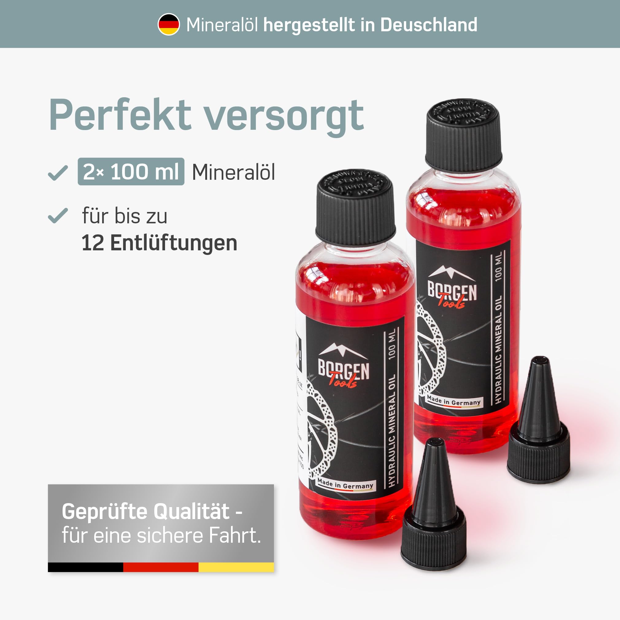 Borgen Entlüftungsset PRO für Shimano, Tektro und TRP Scheibenbremse Fahrrad - Entlüftungskit mit Anleitung, inkl 2X Mineralöl Bremsflüssigkeit, Brake Bleed Kit, Bremsen Entlüftungsset Fahrrad