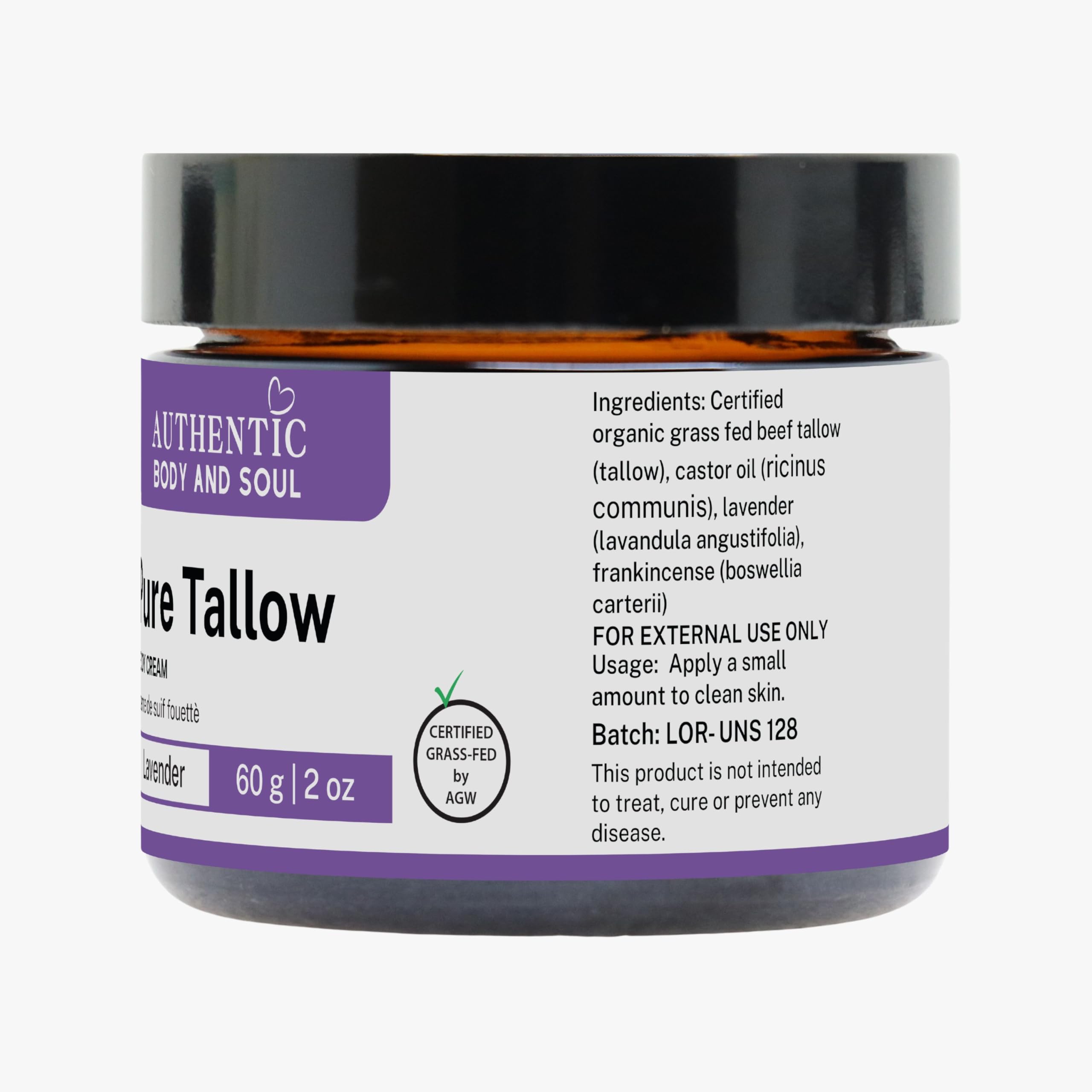 Certified Organic Beef Tallow with Organic Lavender for Sensitive Skin Cream. Delivers Intense Hydration for All Skin Types, Certified Grass-Fed by AGW, by Authentic Body And Soul (Lavender-4oz)
