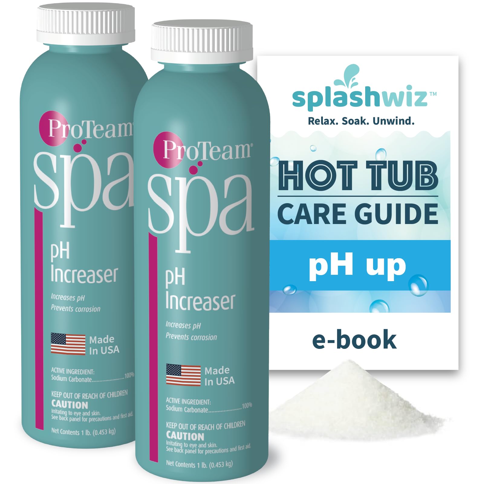 ProTeam Spa pH Increaser for Hot Tub - pH Up Hot Tub pH Increaser - with SplashWiz Hot Tub Chemicals Care Guide e-Book - Made in USA (1 lb) (2 Pack)