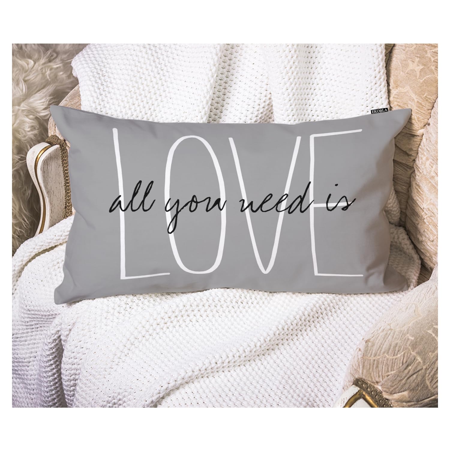 Ekobla Grey Love Is All You Need His And Her Love Script Rectangle Pillow Cases Farmhouse Decorative Pillow Cases Cotton Linen 12X20 Inch Cushion Cover For Sofa Couch Decoration