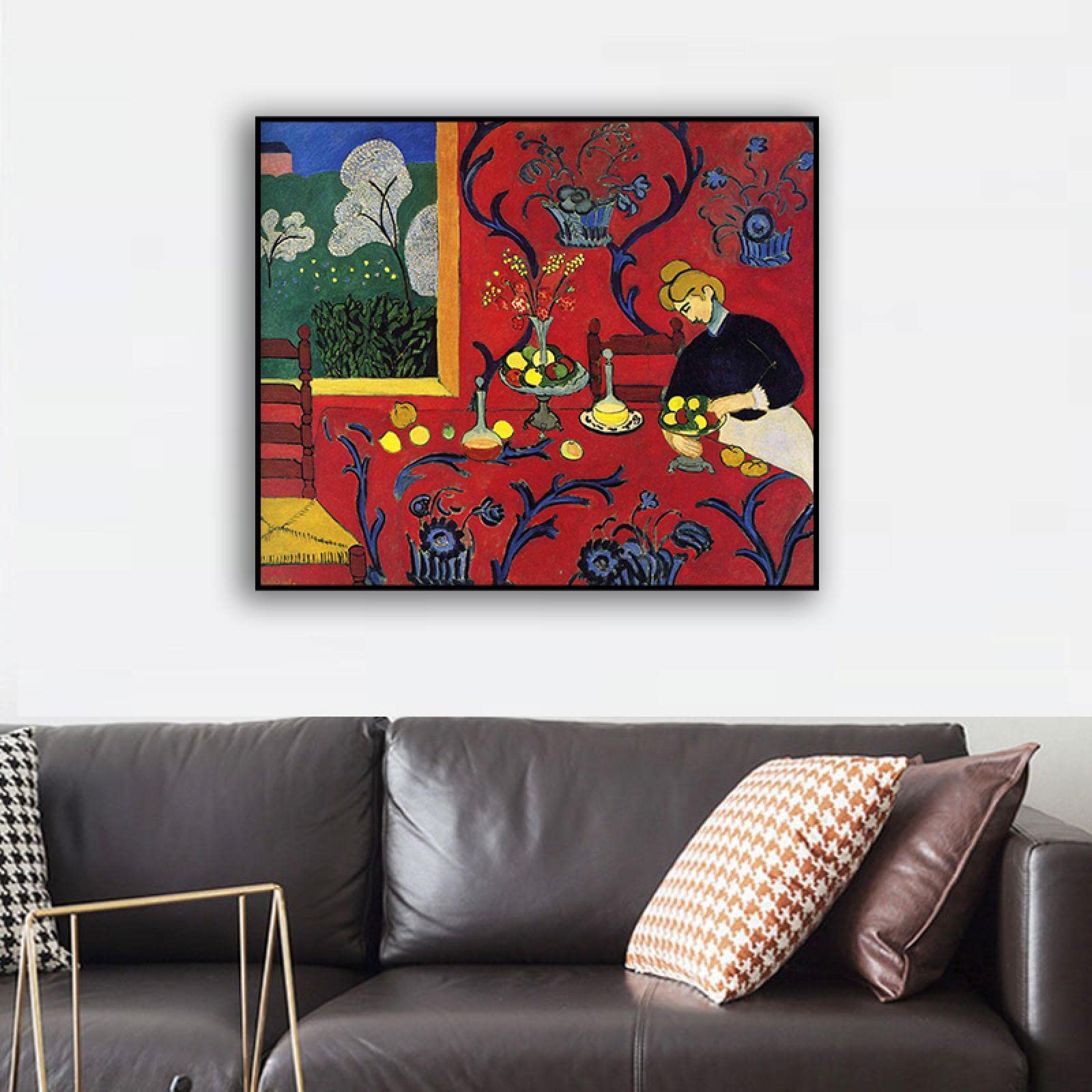 Oprawiony Henri Matisse - słynne obrazy wydrukowane na płótnie - plakaty impresjonistyczne - gotowe do powieszenia płótno sztuka ścienna obrazy do dekoracji domu (Harmony w czerwonym) 20 x 24 cm oprawione