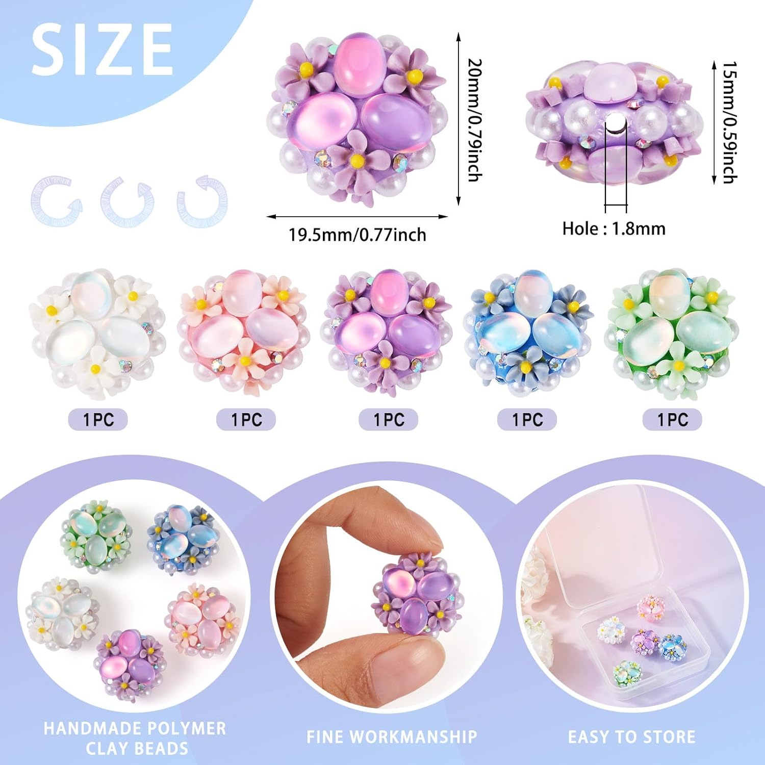 FASHEWELRY 5Pcs Rhinestone Flower Focal Beads Spring 5 Colors Fancy Bling Glitter Spacer Pen Beads Chunky Diamond Focals Bead for DIY Beaded Pens Keychain Jewelry Making Spacer Supplies - Image 5