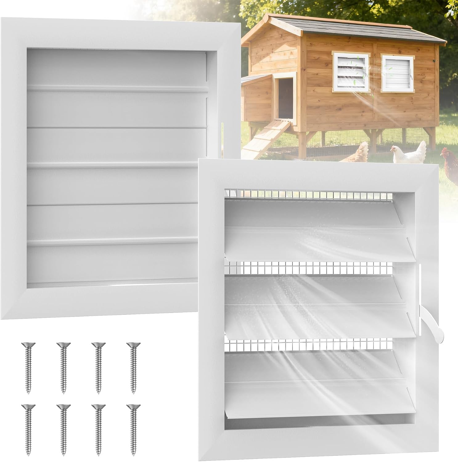 2 Pcs Adjustable Chicken Coop Vent, 12" x 12" Aluminum Alloy Gable Vent with Mesh Screen for Anti-Debris, Louvered Air Vent Cover for Chicken Coop Window, Shed, Attic Ventilation