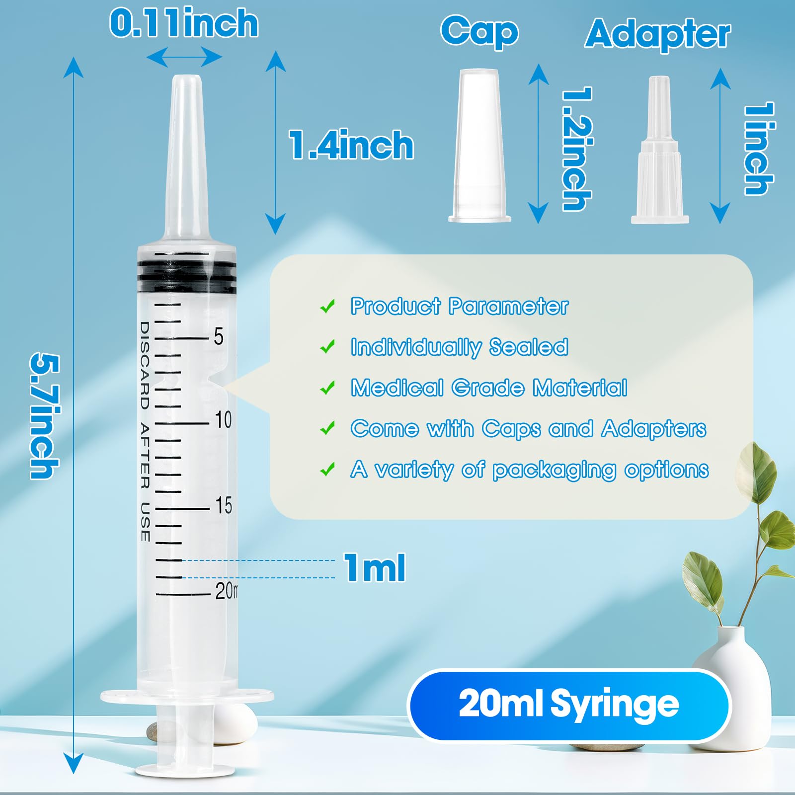 Jeringa de 20 ml para líquido, paquete de 50 jeringas grandes de plástico con adaptadores y tapa, jeringa sellada individualmente para alimentación, gelatina, agua de riego y laboratorios científicos