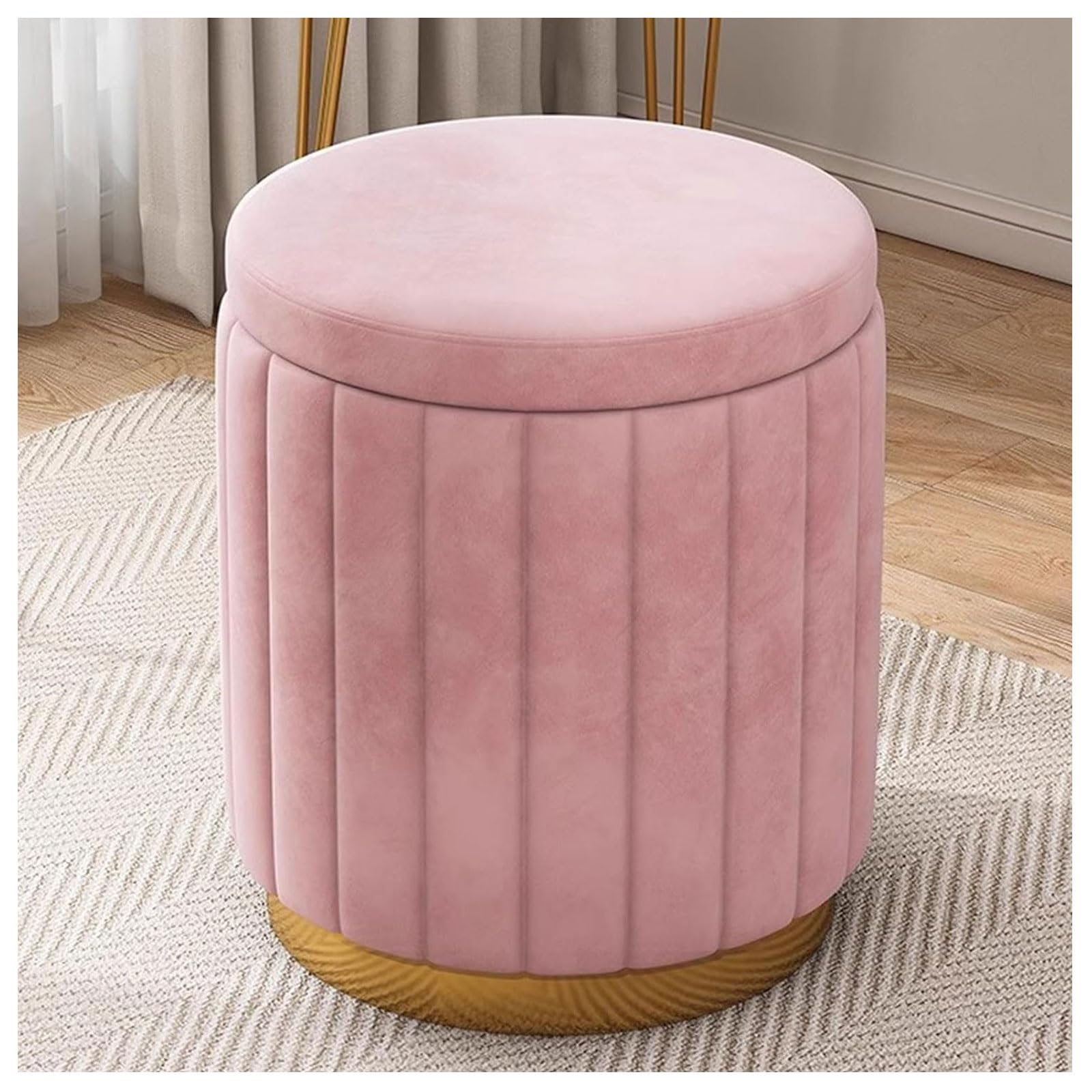 Pouf de rangement or et rose au design luxueux avec base métallique et assise en velours