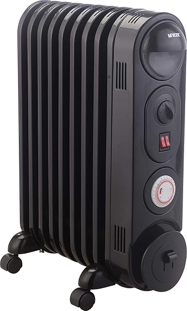 MYLEK Oil Filled Radiator Electric Heater, 2KW Portable, Thermostat & 24hr Repeat Timer, 3 Heat Settings (No Sharp Edge Fins, Safe Modern Design), Black
