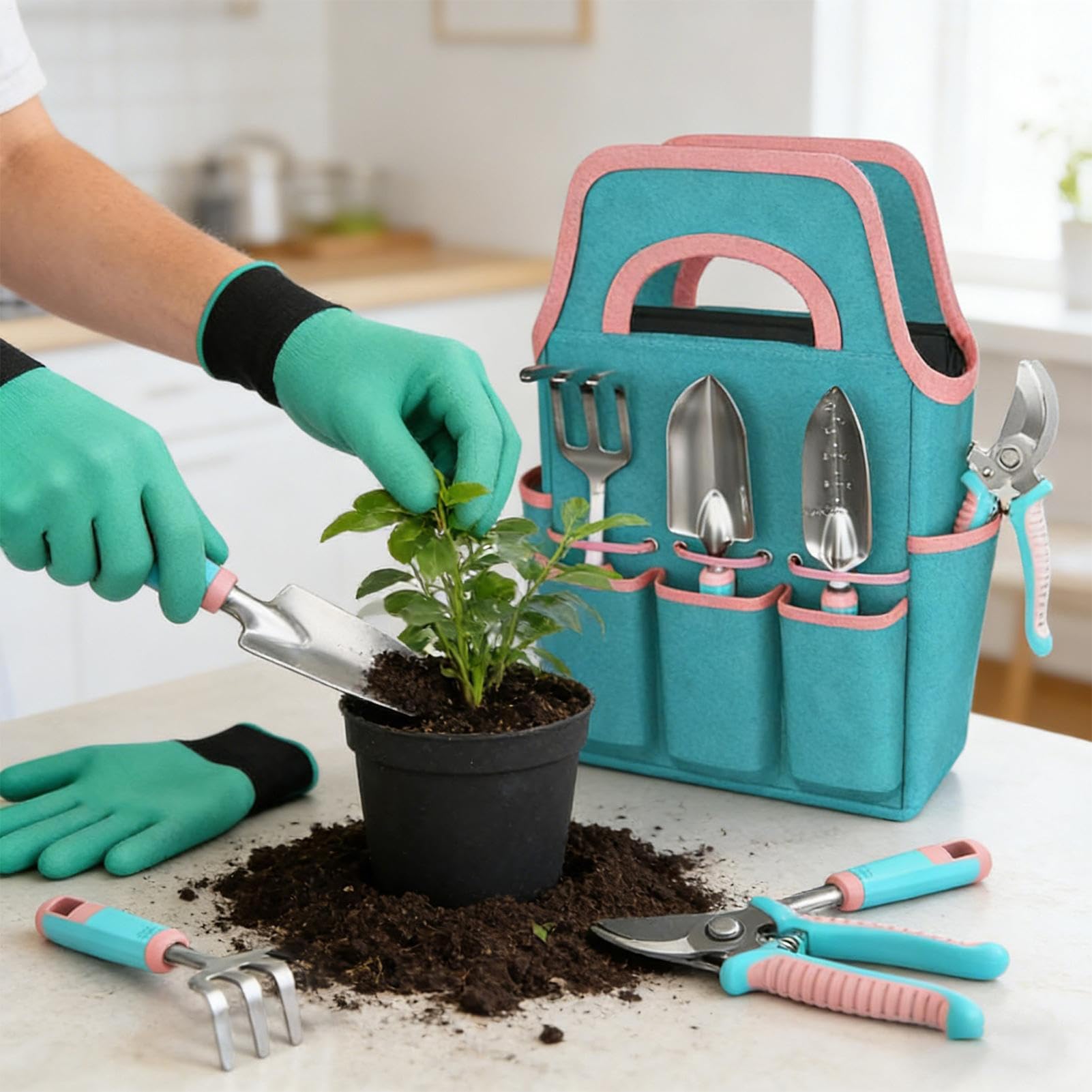 Kit de Jardinería Guantes de Plantar, Palita de Jardín, Rastrillo y Tijeras | Juego de Herramientas Manuales con Bolsa de Transporte para Jardín Terraza Balcón Césped Exterior e Interior