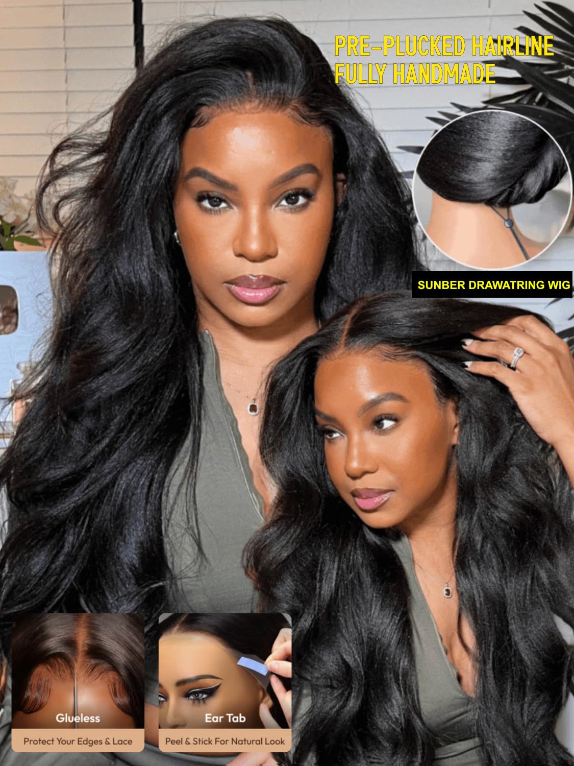 Sunber Yaki Straight Human Hair Wig with Drawstring Bye Bye Knots Pre Cut 7x5 Lace Front Glueless Yaki Wig 180% Density Upgrade 3D Cap Put On Go Pre Plucked with Baby Hair Pre Bleached Knots 18Inch