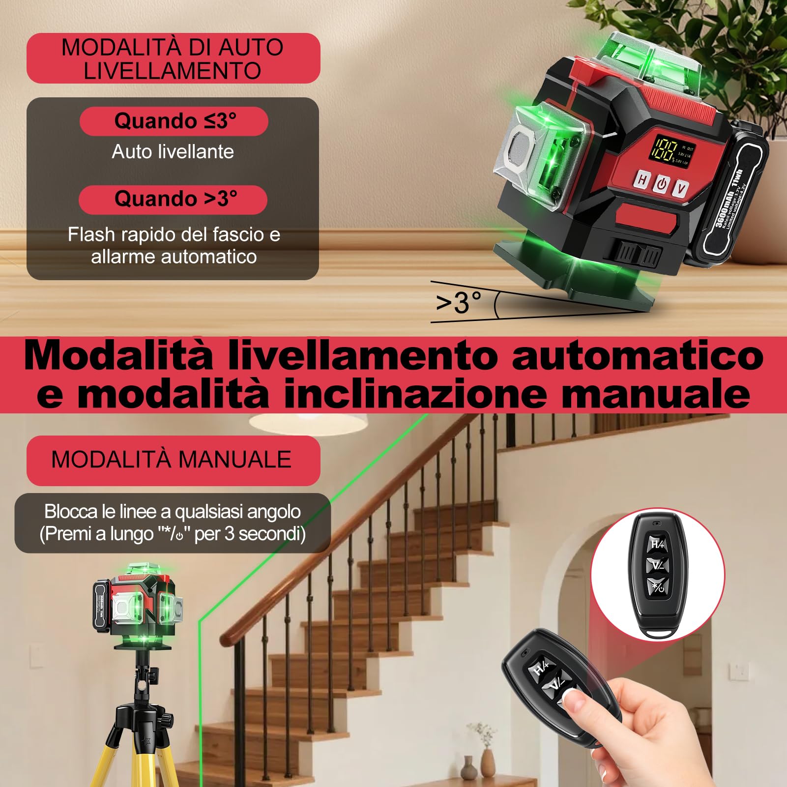 Laser a linee incrociate con treppiede, 4D 16 linee verdi, 4 X 360 °Livello Laser Autolivellante con 3600 mAh x 3 batterie ricaricabili per interni, cantiere
