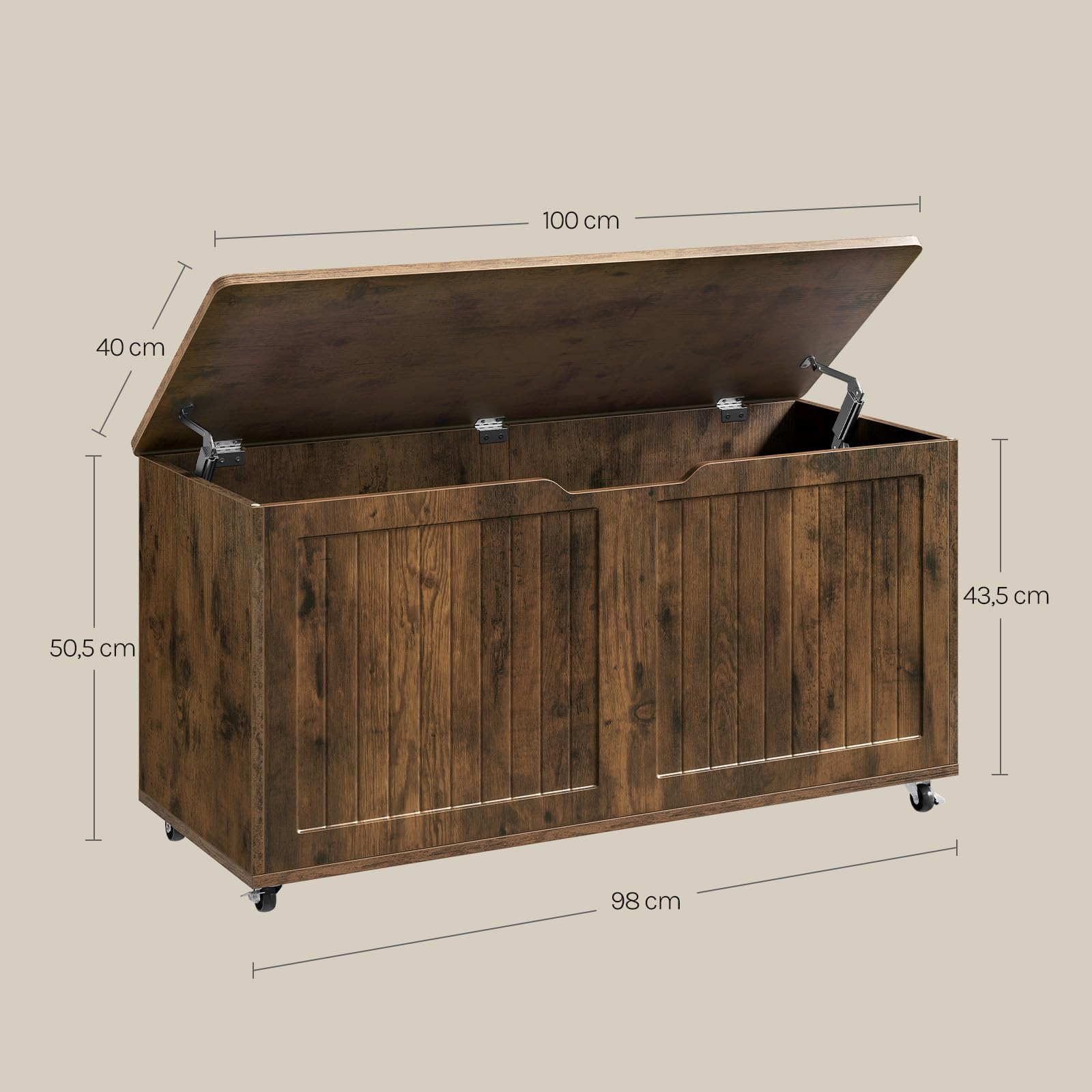 WOLTU Banc de Rangement à roulettes, 100 x 50,5 x 40 cm, Coffre de Rangement avec Couvercle Rabattable à Charnières, pour Chambre, Entrée, Salon, Brun Rustique