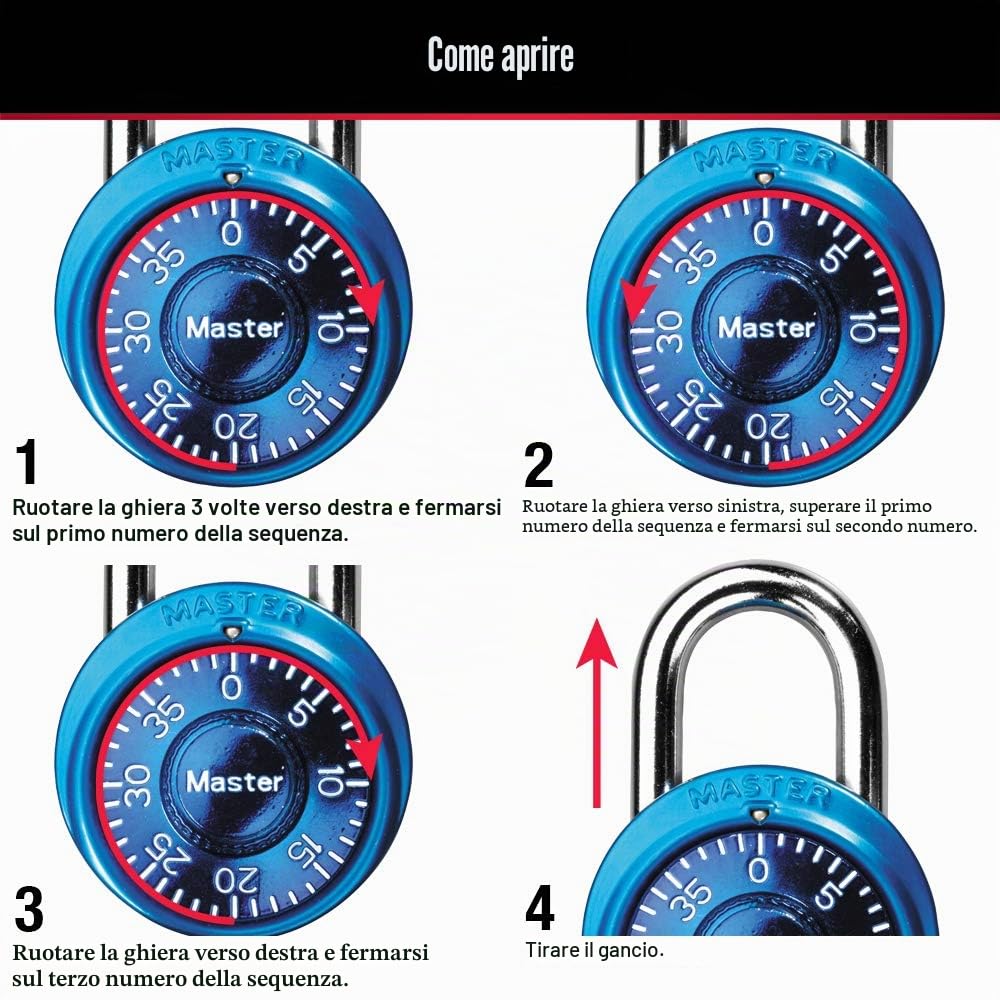 Master Lock 1533TRI - Lucchetto a combinazione per armadietti, colori assortiti, confezione da 3