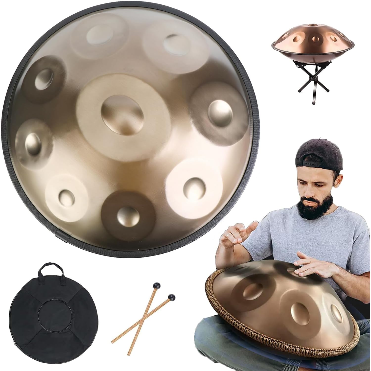 Tamburo manuale a 9 note, in re minore da 440 Hz, in acciaio, con borsa per il trasporto, supporto e mazzuole, per la guarigione del suono, la meditazione, lo yoga