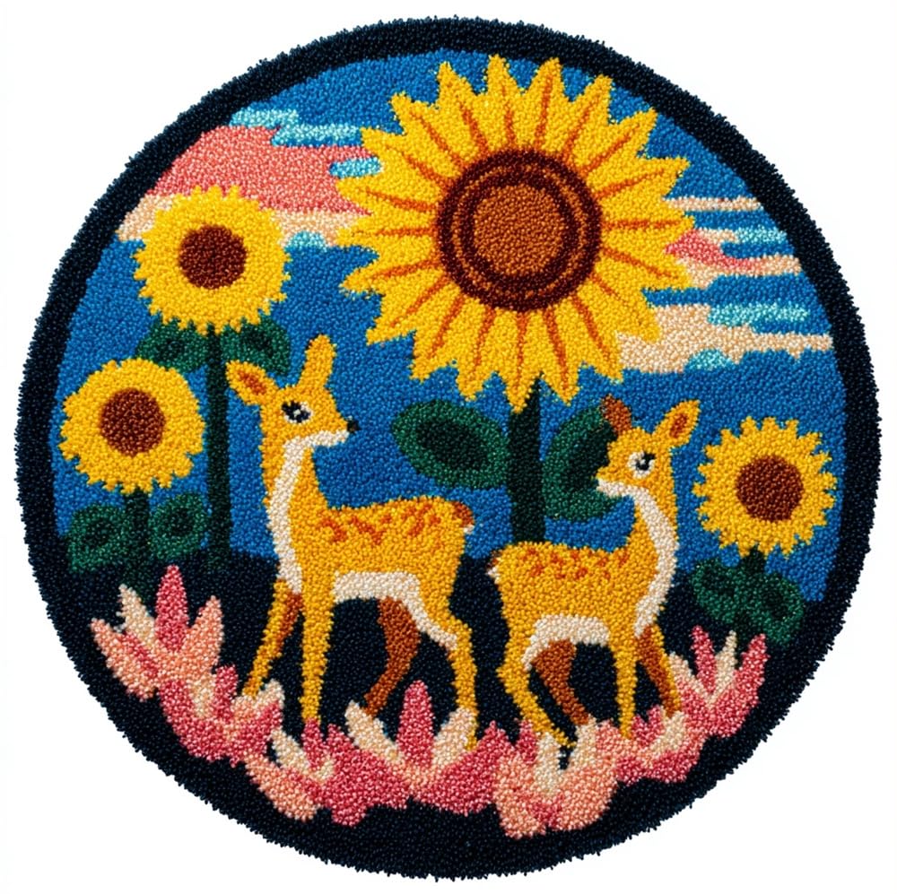 kitphoenix Round DIY Rug Kit Sunflower and Deer