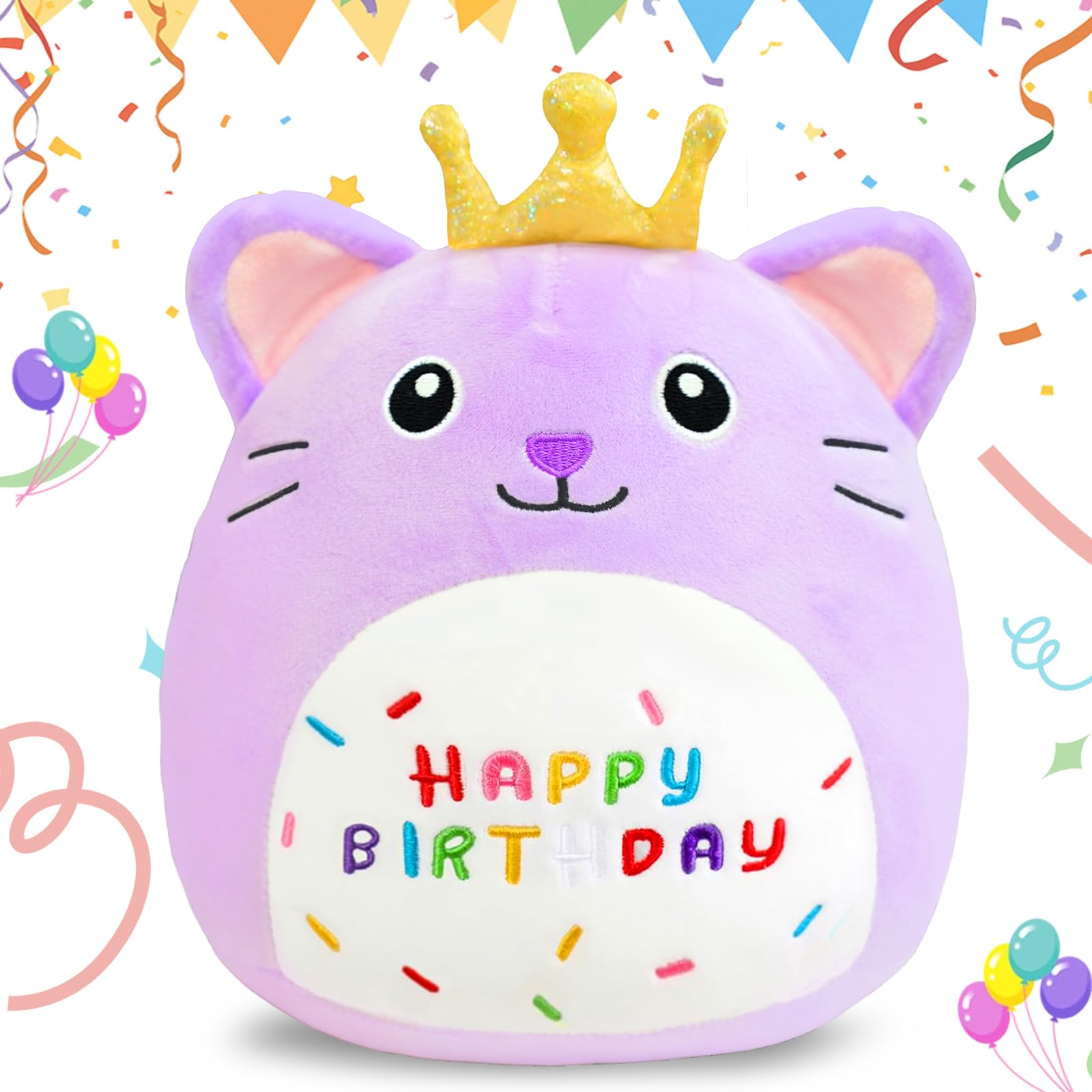 AMFUN Happy Birthday Plüschtier, Kuscheltier Plüschtier Katze Cute, Cartoon Plüschkissen, Plüschtier Geburtstagsgeschenk