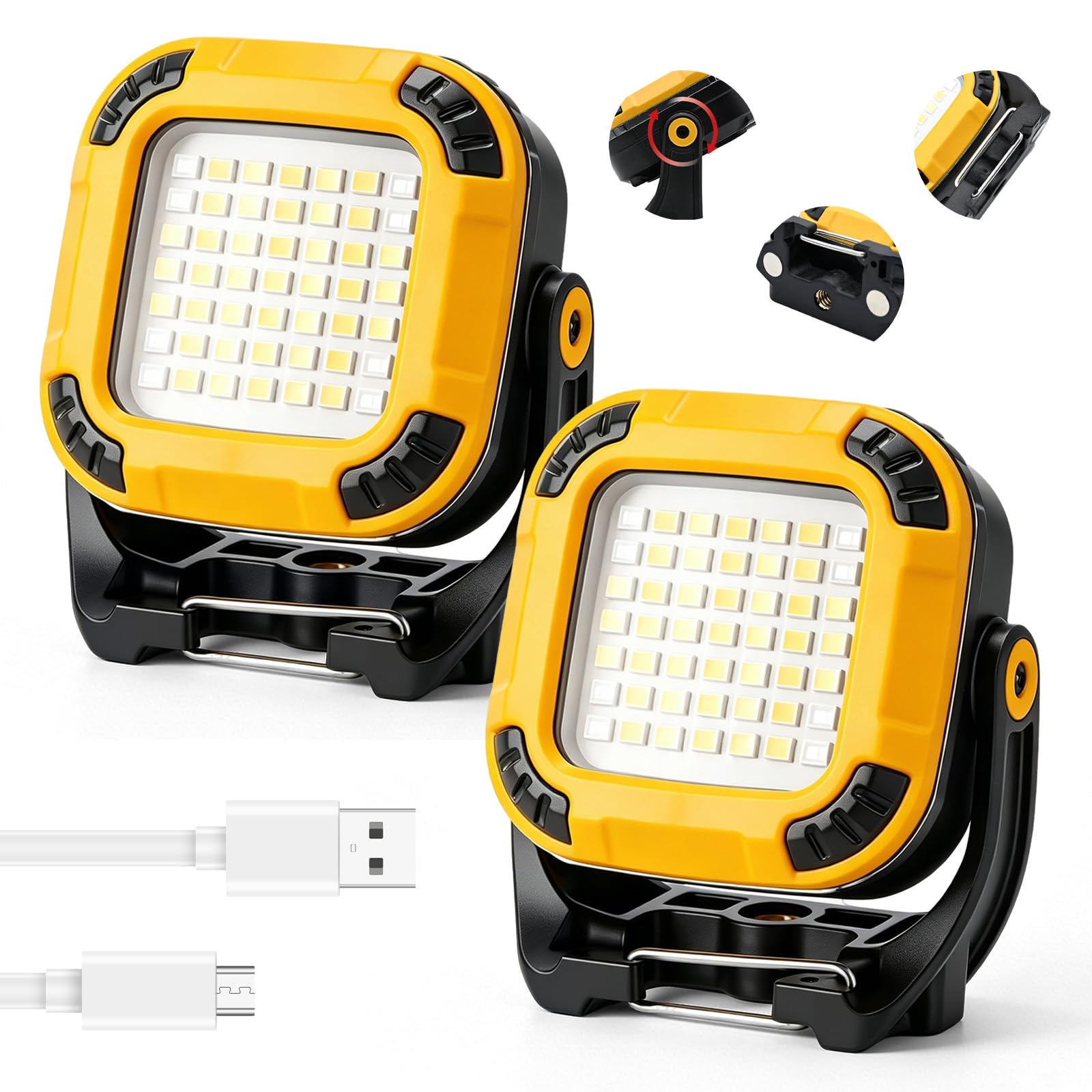 2 Pack LED Rechargeable Work Light 1000 Lumen with Type-C Charging, Cordless Flood Light, Magnetic Base & 180° Swivel, 4 Modes Portable Site Light for Garage Workshop Camping