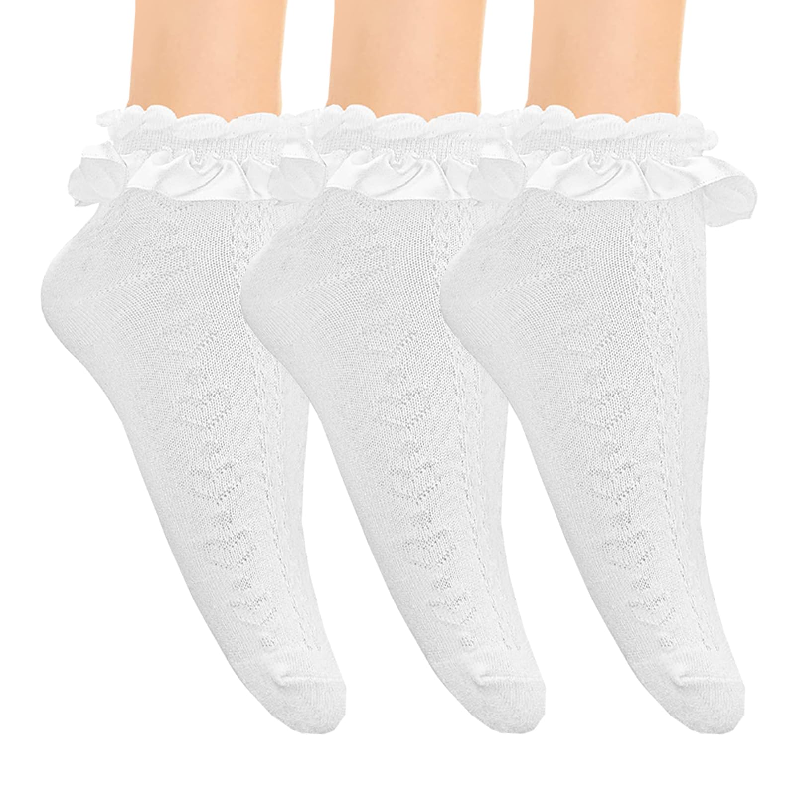 Katslyn Women's White 3 Pairs Frilly Socks，Lace Topped Ankle Socks，Ruffle Sock Princess Ballet Sock，Cute Opaque Frilly Sockfor And Girls