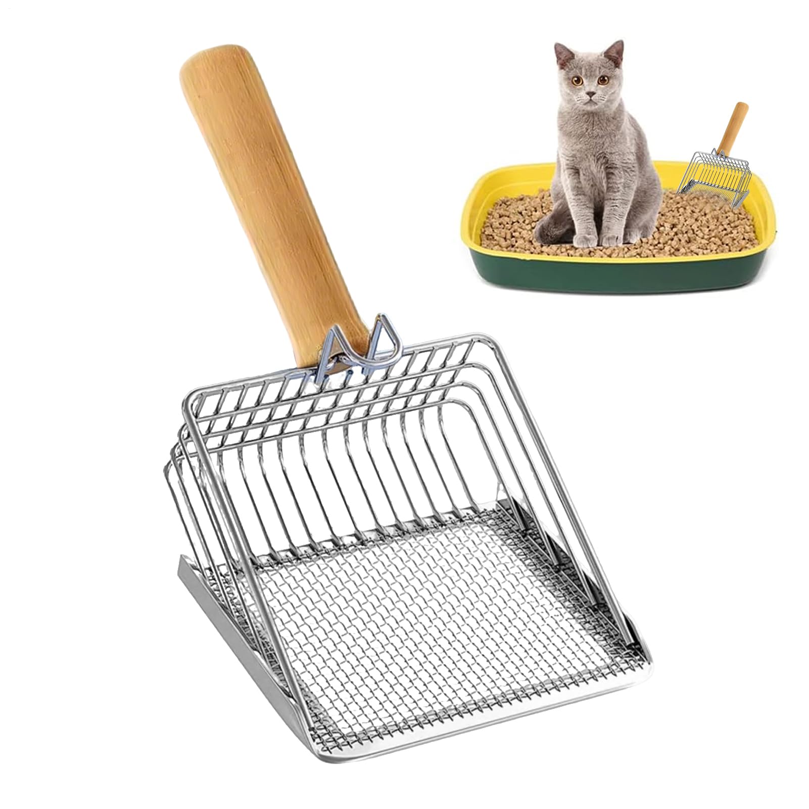 Générique Cat Litter Scoop - Ergonomic Cat Poop Scoop | Sturdy Stainless Steel Wooden Handle for Indoor Litter Tray