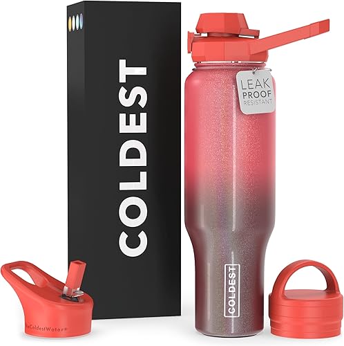 COLDEST - Botella deportiva de 3 tapas (con pico, con pitillo y con asa), vaso con aislamiento al vacío, de acero inoxidable, se adapta a la tapa