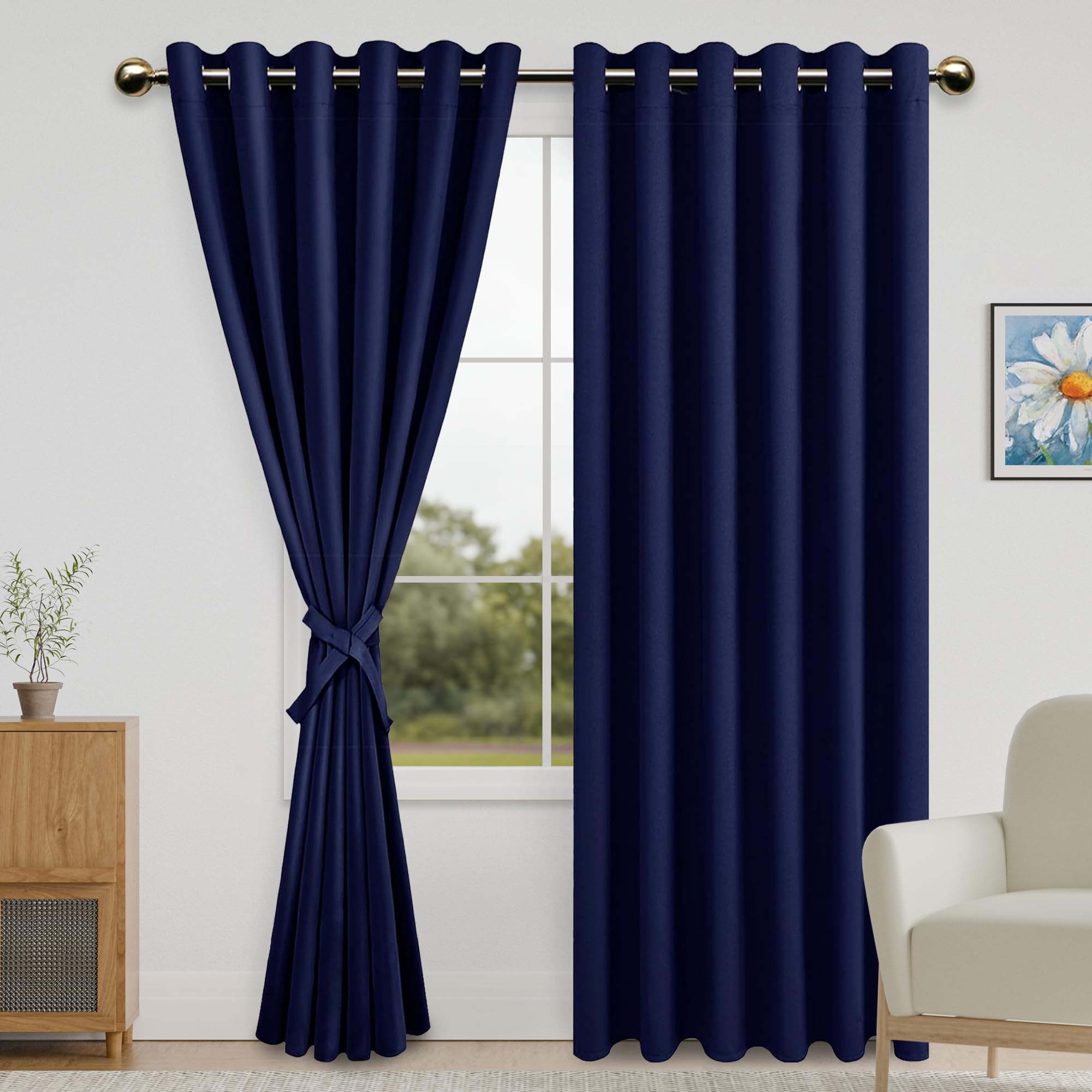 DWCN Grommet Blackout Curtains for Bedroom (70 x 84 Inch) Thermal Insulated & Room Darkening Window Curtains for Living Room/Dorm Room with Tiebacks, Navy Blue, 2 Drape Panels
