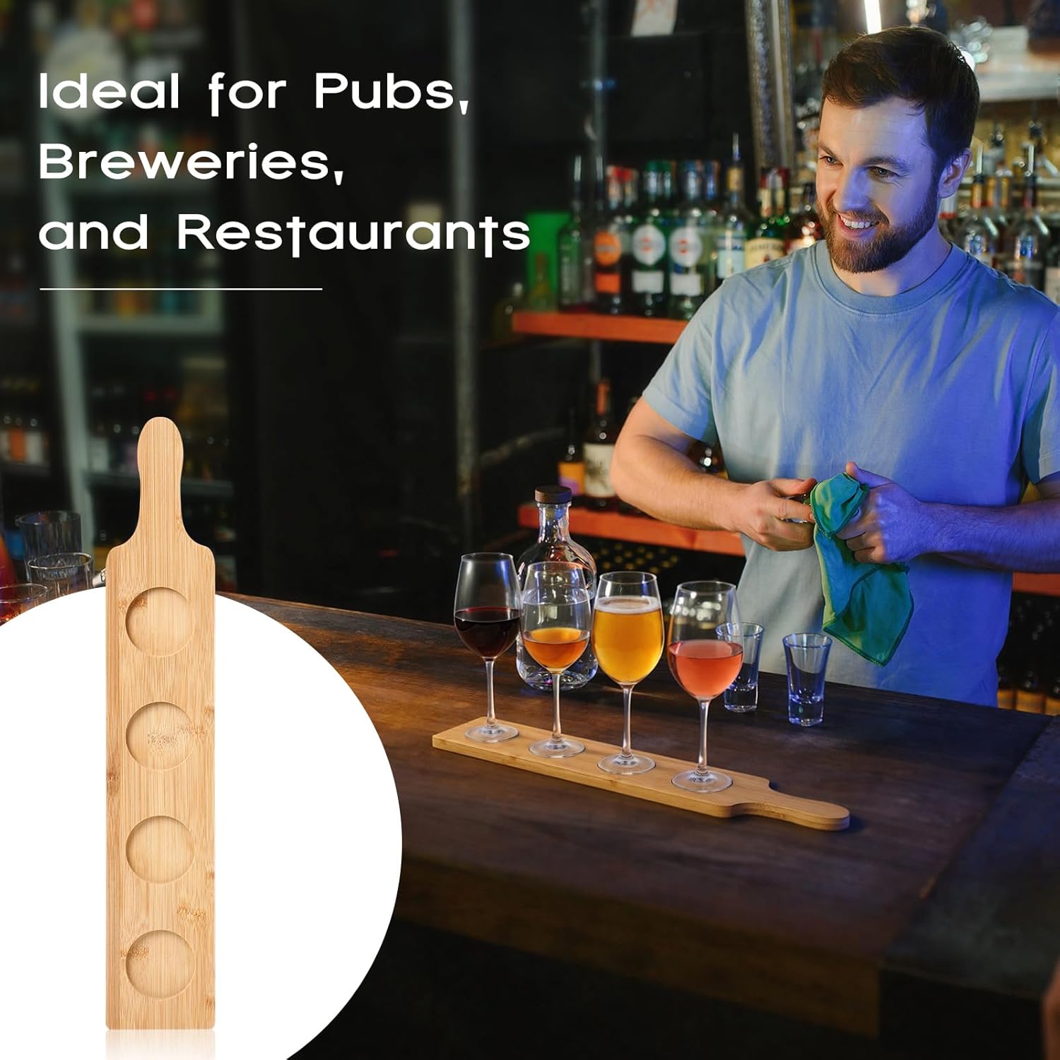 LemonRoad 6 Pcs Flight Board Tasting Set 4 Slots Bamboo Shot Board Serving Tray 2.17 Inch Base Beer Flight Serving Paddle for Whiskey Cocktails Wine Home Bar Party Supplies, 18.0" L x 3.9" W