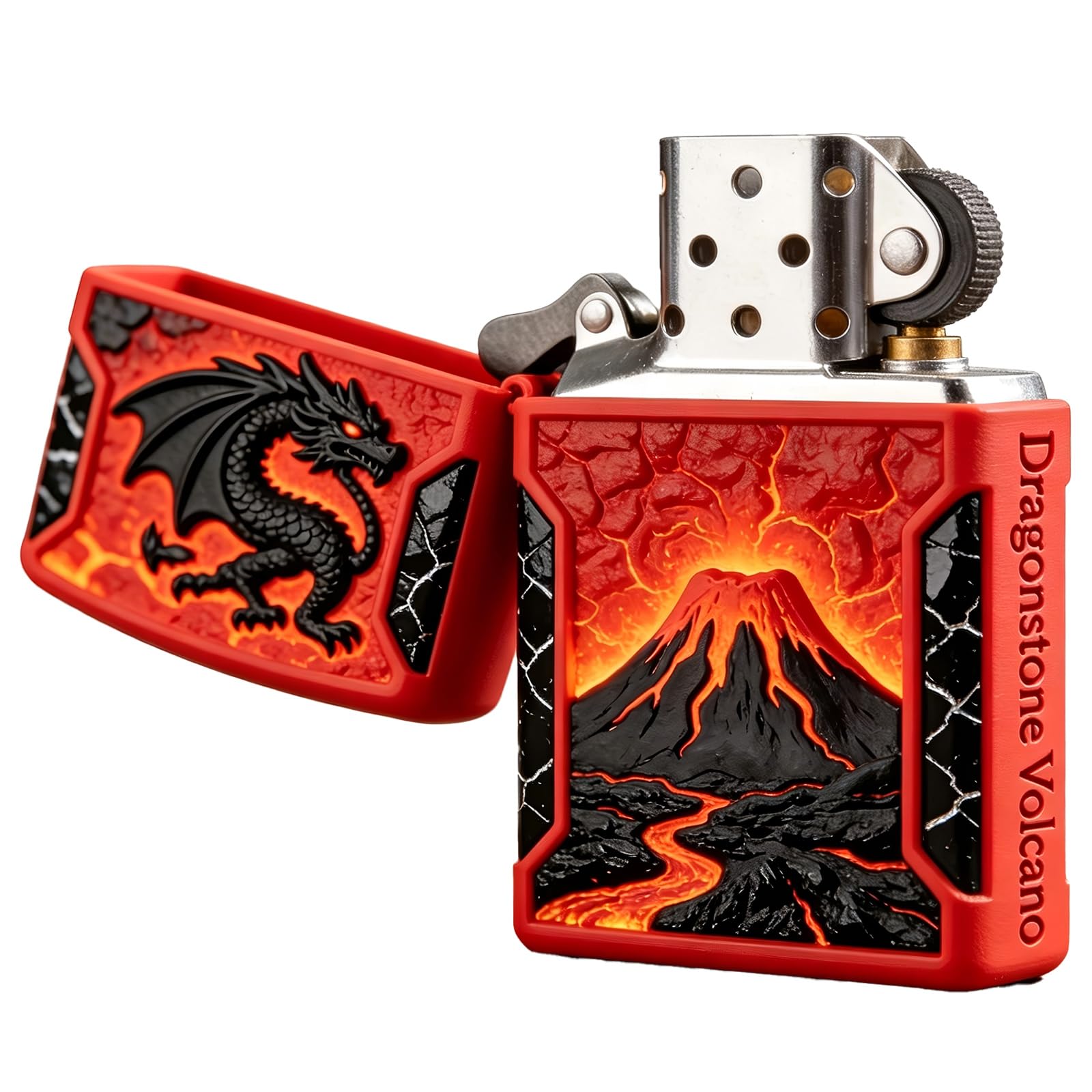 Retro Volcano Dragon Carving Kerosene Lighter Reusable Flip Top Fire Lighter With Windproof Holes for Camping Hiking (A)