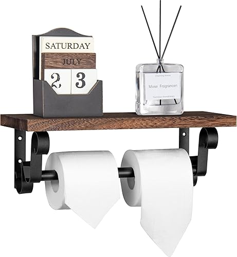 Lavievert Soporte de papel higiénico industrial, soporte de papel higiénico de doble rollo con estante de madera rústica, dispensador de papel