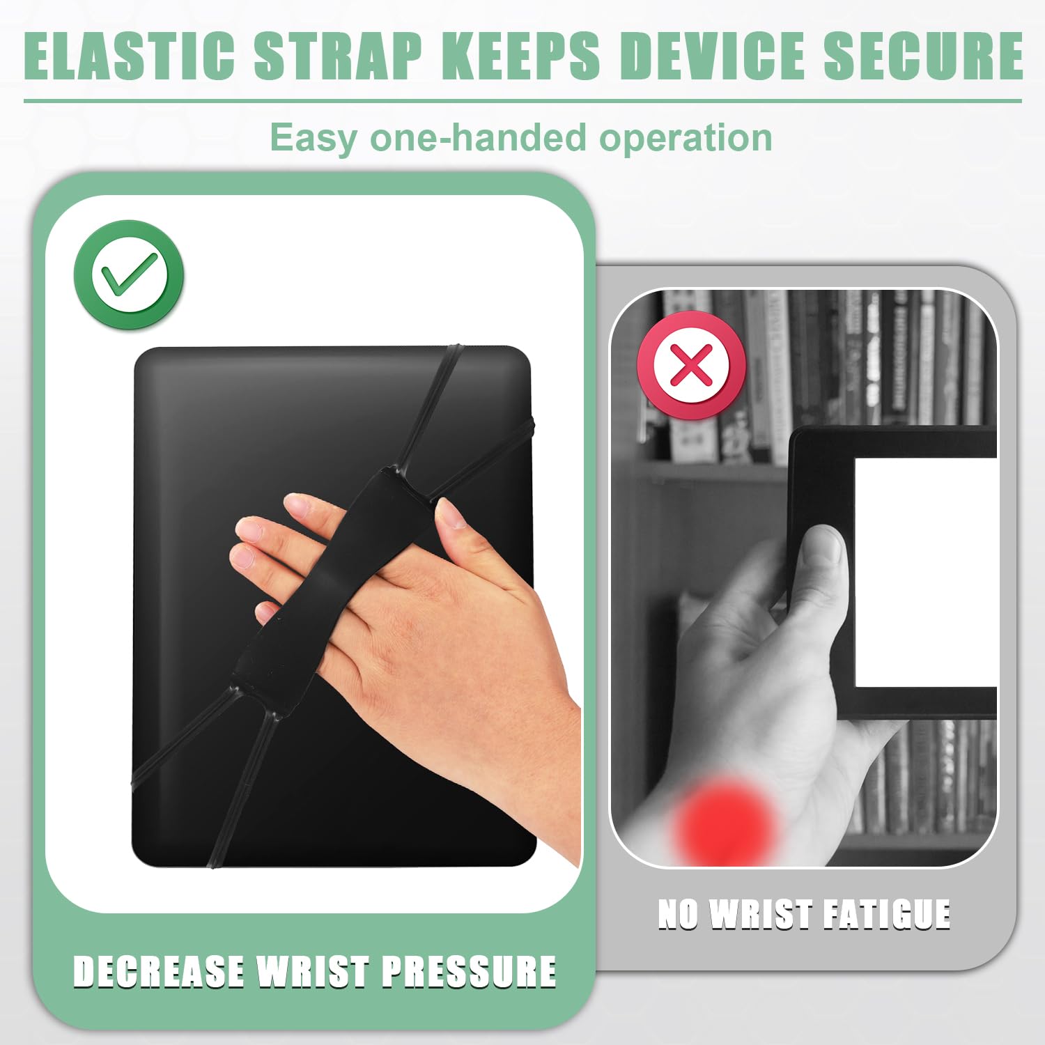 Lyreh 3 Pezzi Supporto da Polso per Kindle, Comodo Cintura di Lettura Estensibile per Tablet 10,16-20,32 cm (Nero, Rosso, Verde)