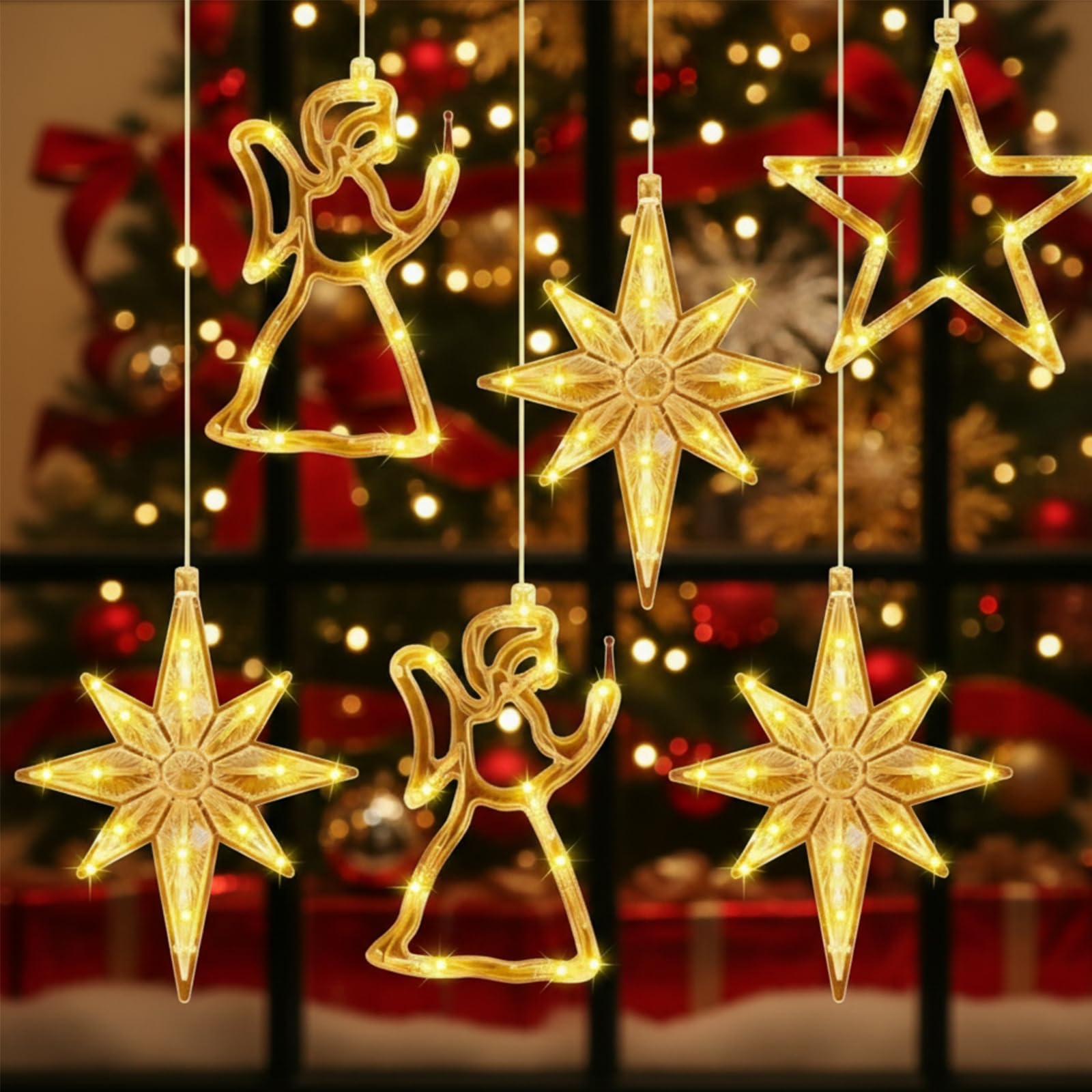 Baquler Bethléem Lot de 6 lumières LED pour fenêtre de Noël à piles avec ventouse pour décoration d'intérieur Blanc chaud