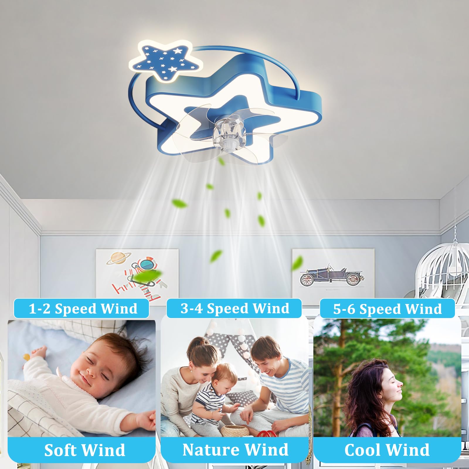 Bambini wentylator sufitowy LED z pilotem zdalnego sterowania, ściemniana, 6-biegowa, cichy, odwracalny, żyrandol, do pokoju dziecięcego, niebieski