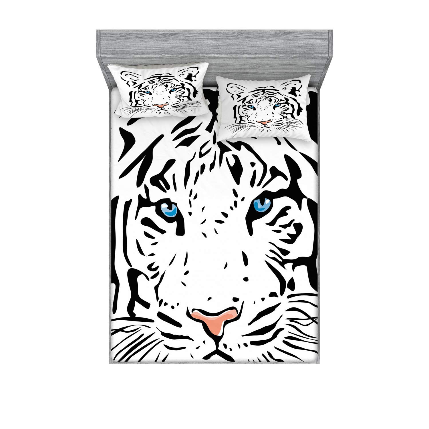 Ambesonne Tattoo Fitted Sheet & Pillow Sham Set, Head of Magnificent Rare White Albino Tiger with Ocean Blue Eyes Image, Decorative Printed 3 Piece Bedding Decor Set, Calking, Black Cream