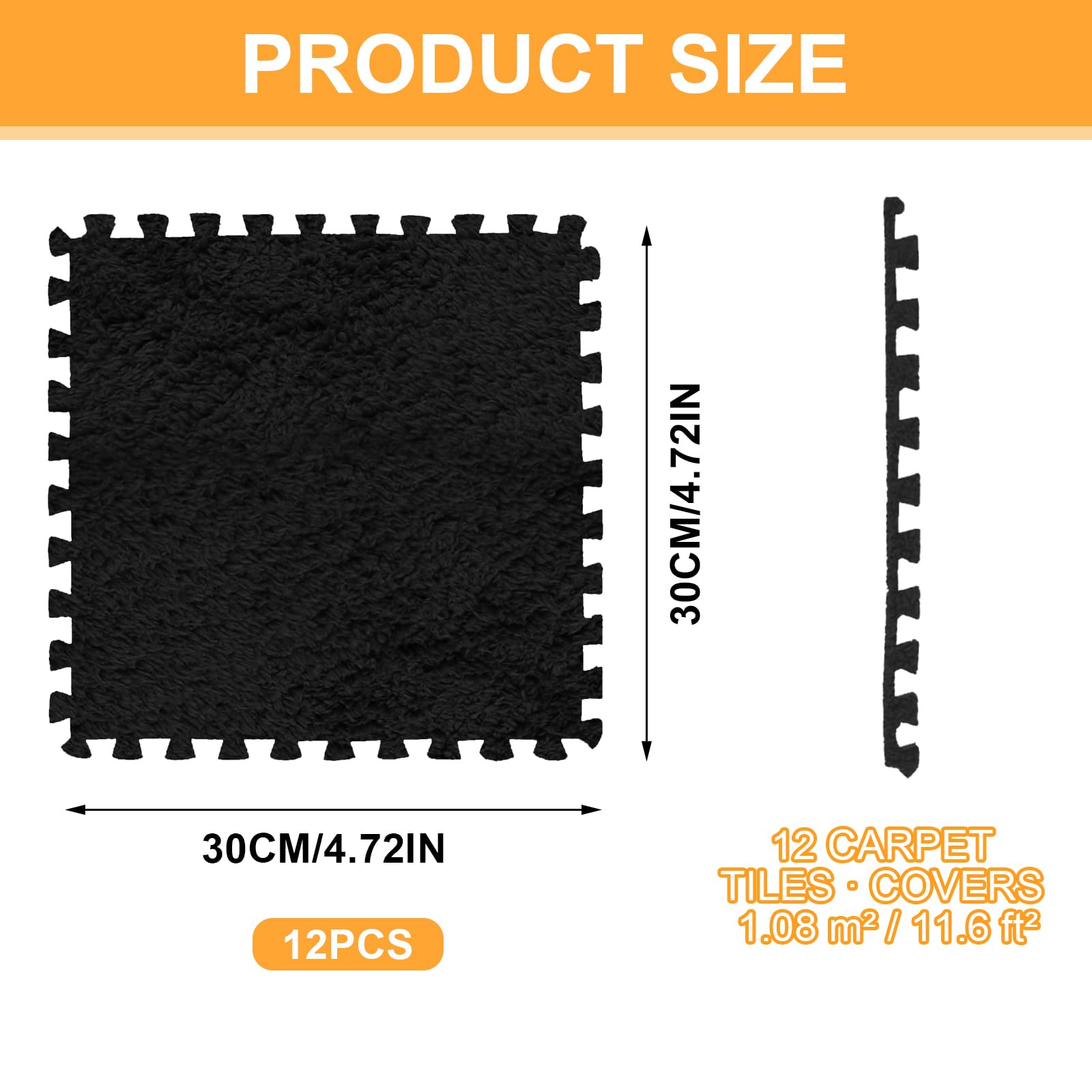 12 Stück Plüsch Bodenmatten 30x30 cm – Weiche Teppichfliesen mit Stecksystem, 10 mm Dicke, Bodenbelag für Wohnzimmer Schlafzimmer Arbeitszimmer (Schwarz)