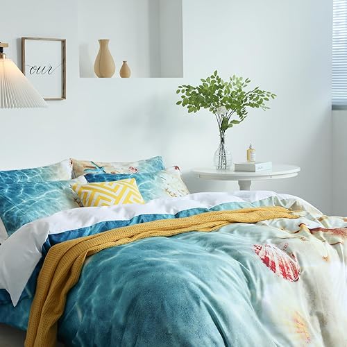 Miniatura 5 de Juego de ropa de cama de microfibra suave de 3 piezas, diseño de océano 3D, diseño de conchas marinas, naturaleza, mar, estampado digital, funda de