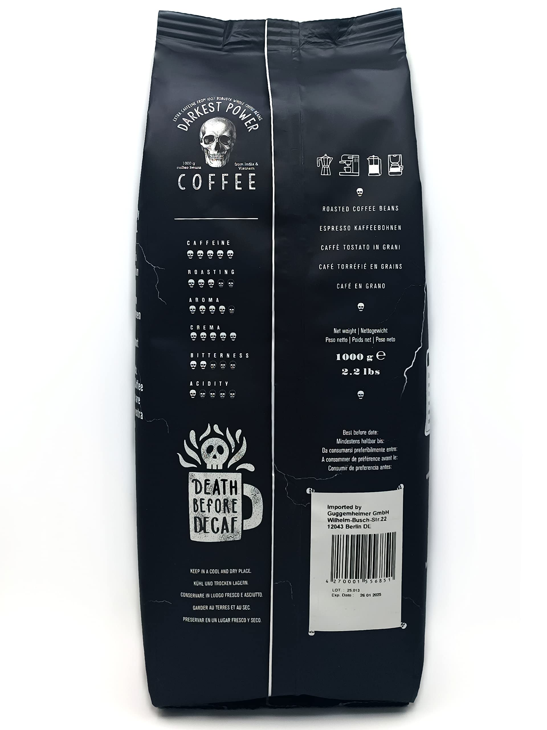 Darkest Power Coffee 100% Robusta Espresso Kaffeebohnen 1 kg extra stark | 100% Robusta, extra stark, viel Koffein, aromatisch, nicht bitter, wenig Säure, schokoladig – Zufriedenheitsgarantie.