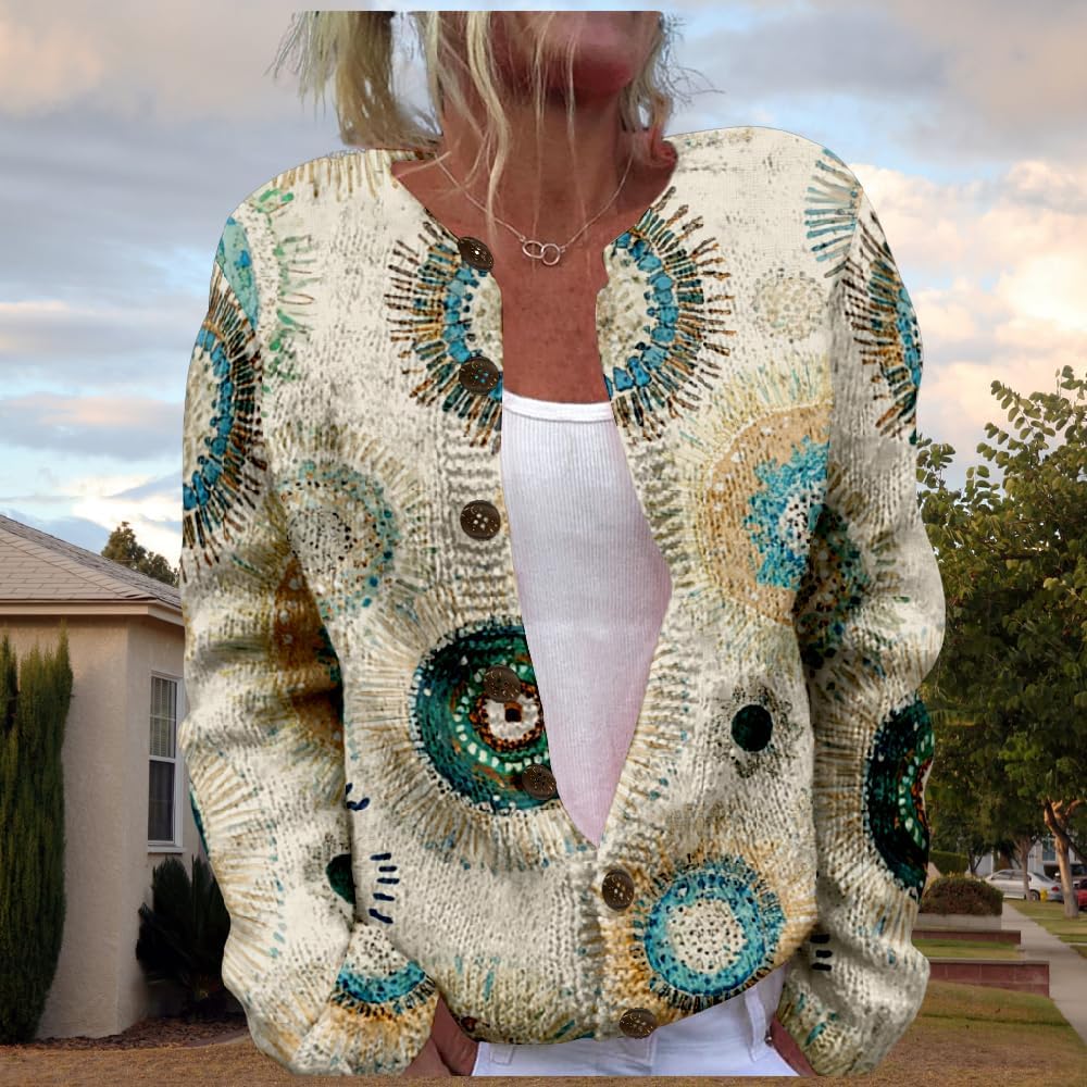 HOTYD Womens Boho Floral Button up Cardigan Casual Long Sleeve Chunky Knit Sweater Loose Fall Fashion Crewneck Sweater Warm - Image 2