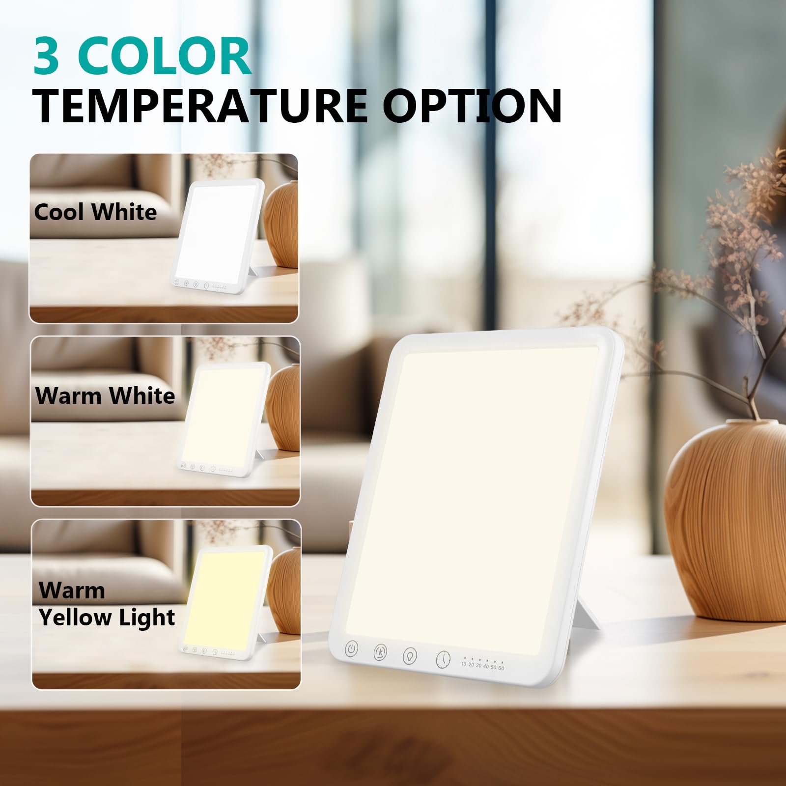 Lámpara de Luminoterapia, Luminoterapia Lámpara 10000 Lux Simulación de Luz del Día, con 3 Temperaturas de Color y Temporizador, con Soporte Plegable de 45° para Hogar y Oficina