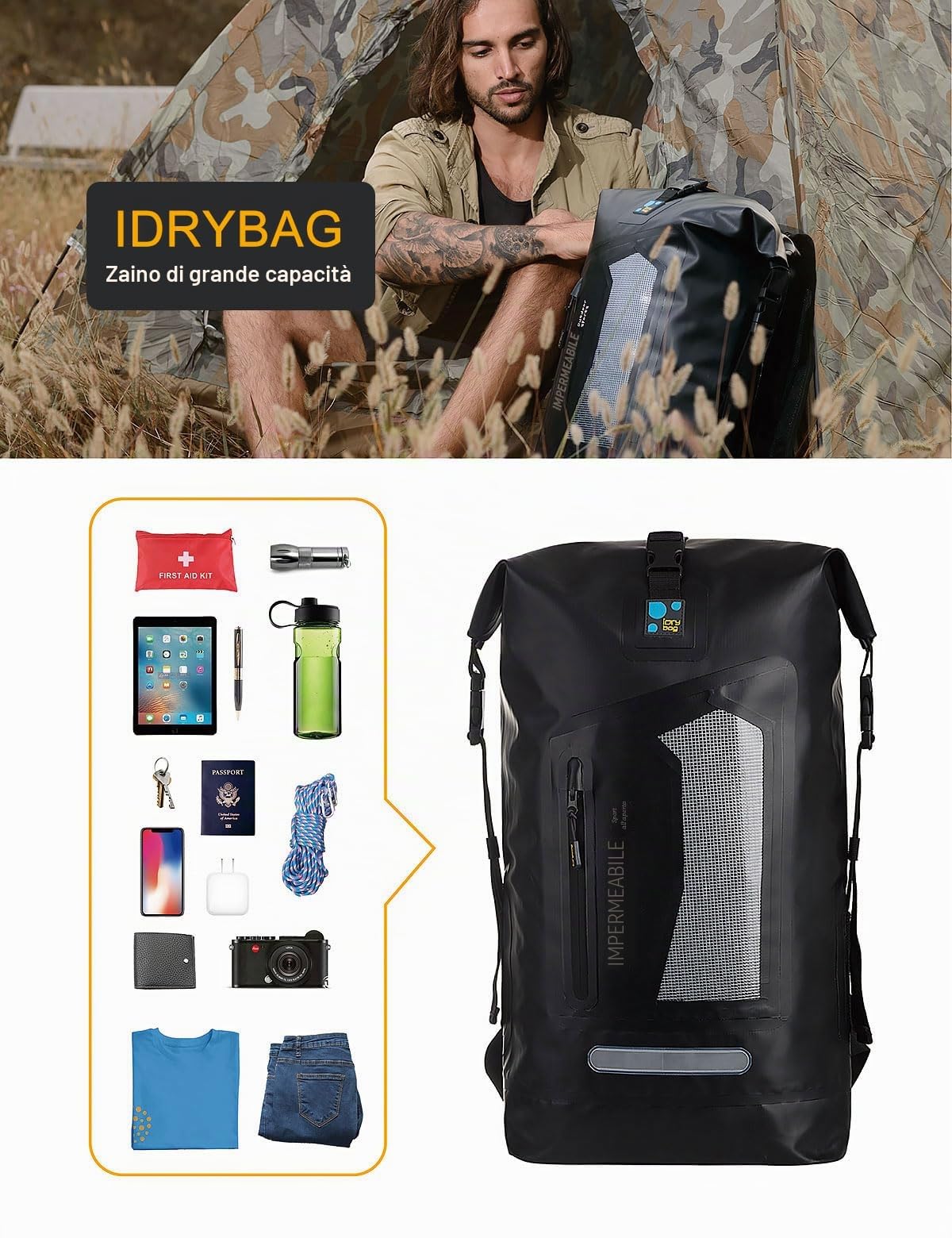 IDRYBAGImpermeabile Zaino 20L/30L/40L Galleggiante per Uomini