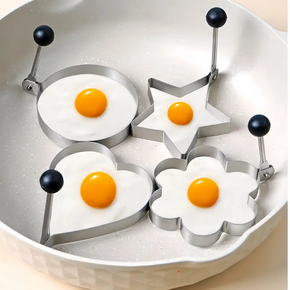 Anéis de ovo de aço inoxidável, formas sortidas antiaderentes com alça, 10 cm de diâmetro, pacote com 4 para moldes de panela de café da manhã, prata