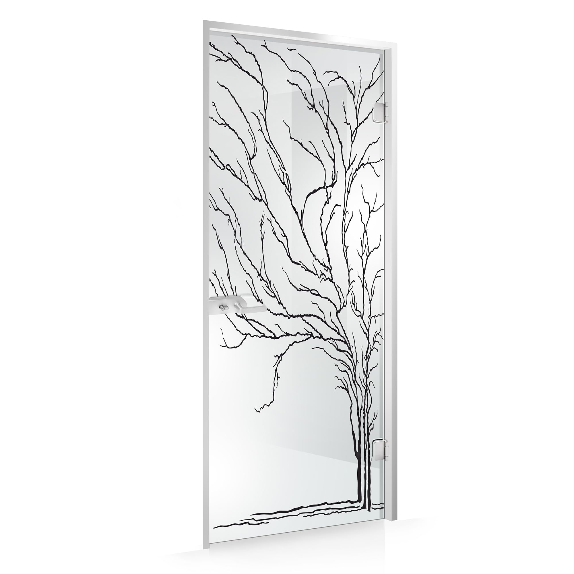 Porta interna in vetro con cerniera, modello albero, vetro di sicurezza trasparente da 8 mm, decorazione nera, cornice a L, adatta per apertura 80 x 198 cm