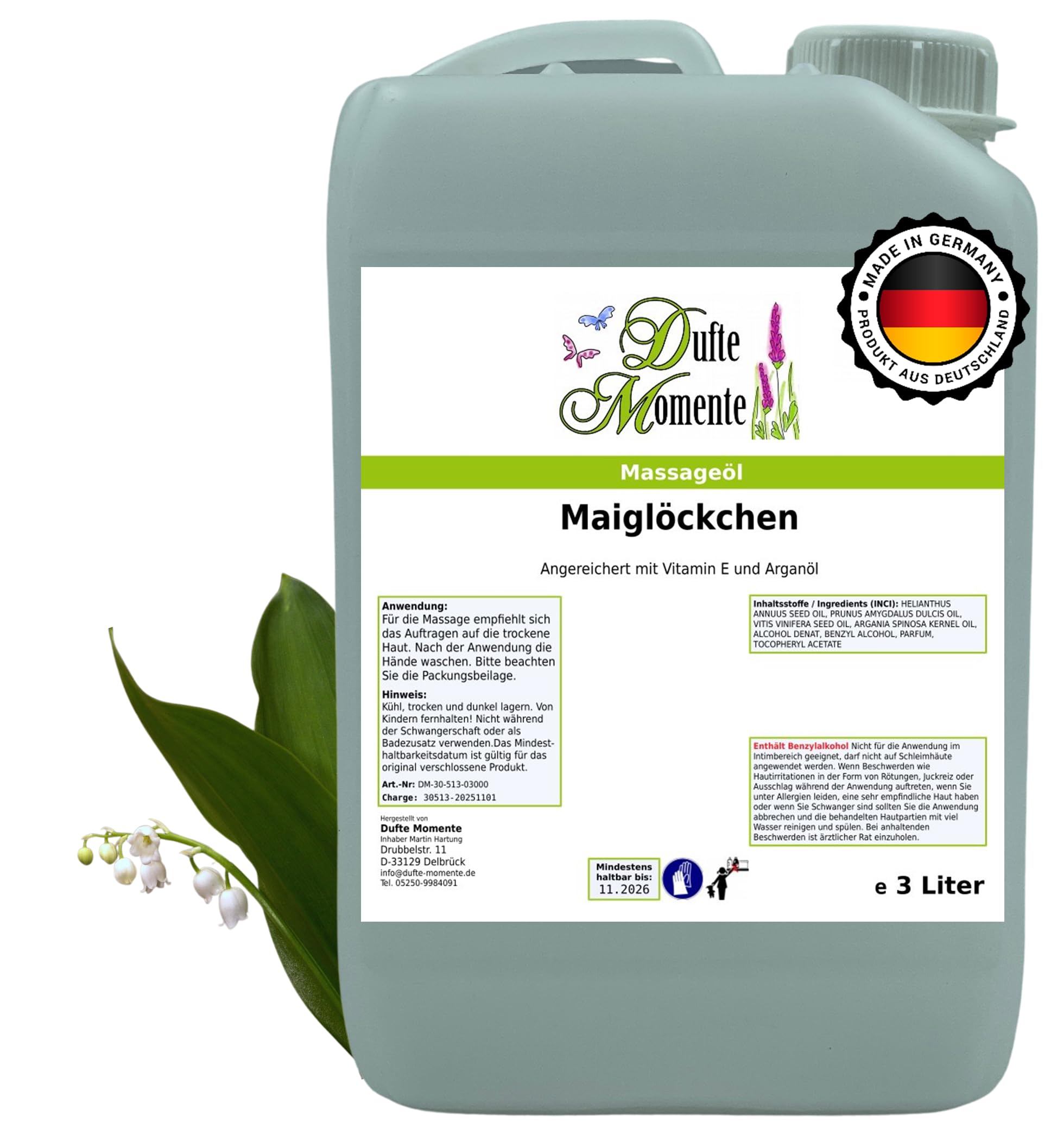 Dufte Momente Massageöl Maiglöckchen – 3 Liter – auf Paraffinölbasis – zarter, blumiger Duft – professionelle Gleitfähigkeit – für Massage, Spa & Wellness – vegan & Made in Germany