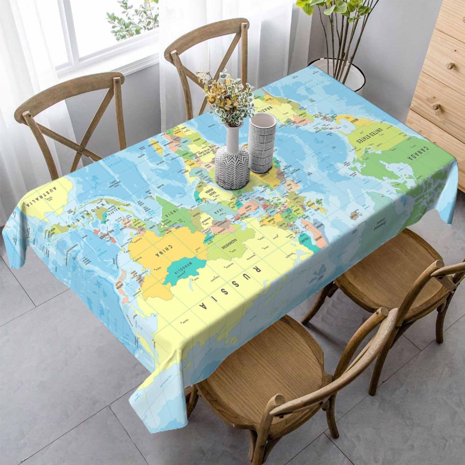 Tovaglia Antimacchia 300x140 cm Rettangolare Mappa Del Mondo Tovaglie Impermeabile 3 Metri Copritavolo Poliestere Protezione Tavolo Oceano Blu, per Feste (12-14 Posti) a-4258