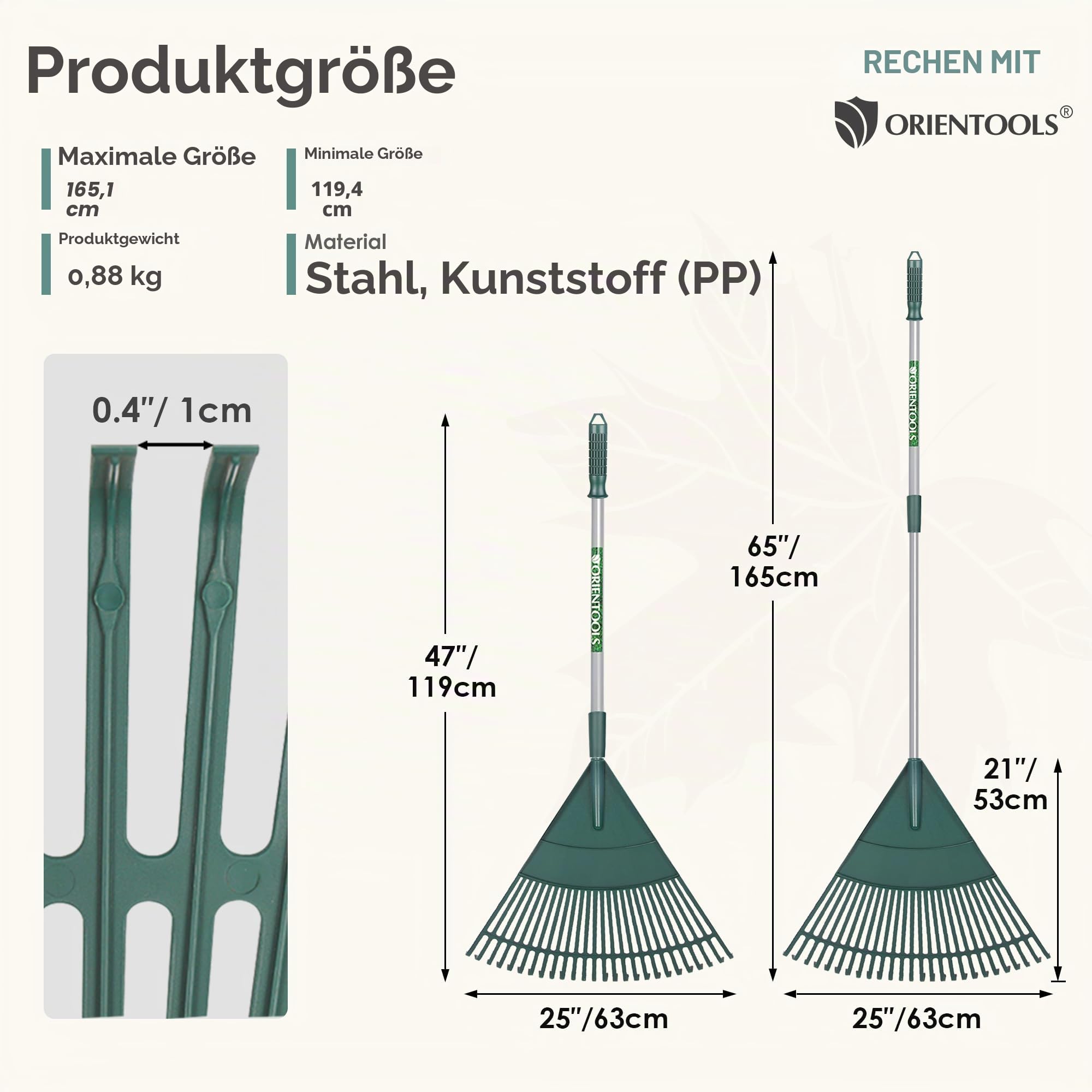 ORIENTOOLS Garten Laubrechen, Garten Rechen für Rasen Laub mit verstellbarem Griff 120 bis 165 cm Rechen, 26 Starke Zinken Kunststoff Kopf Strauch Rechen, Landschaftsbesen für Rasen und Blätter
