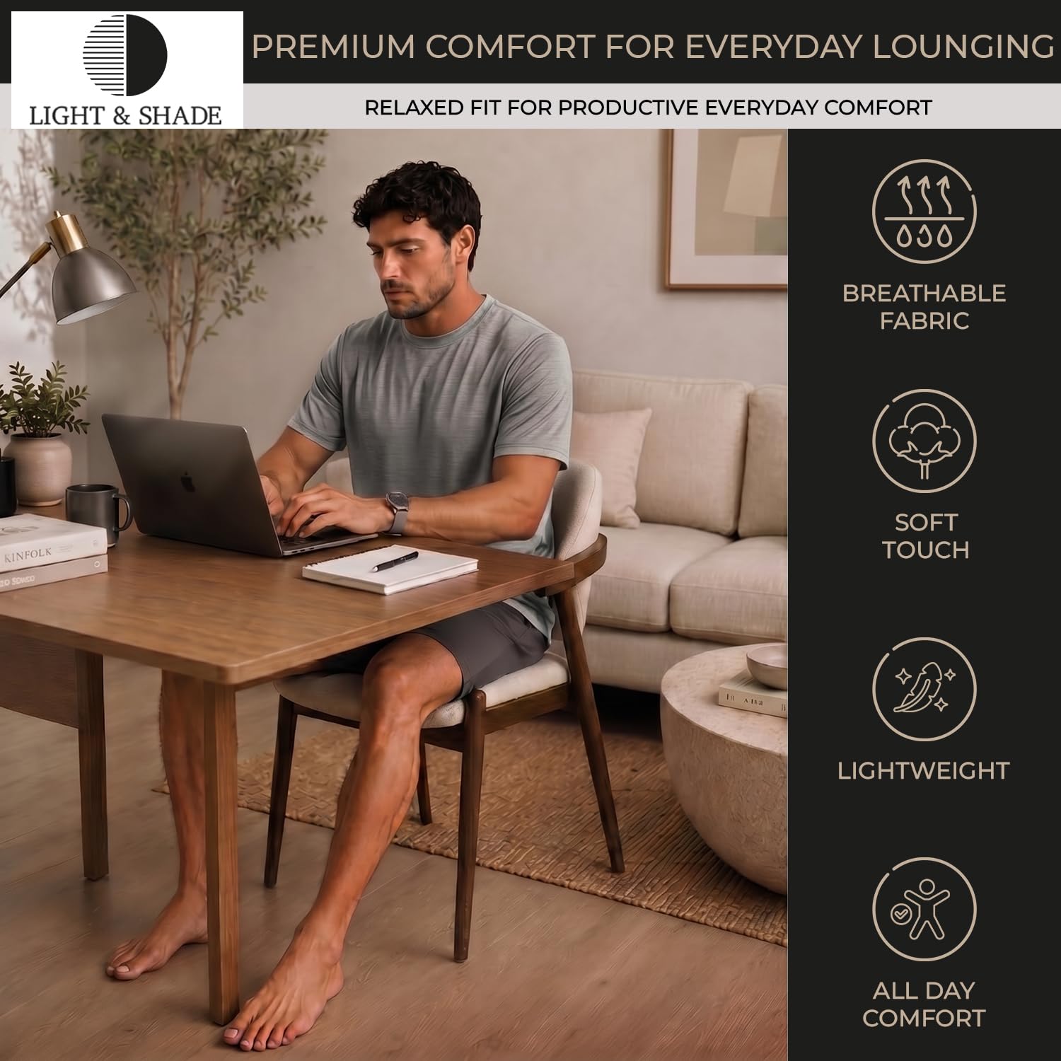 Light & Shade Conjunto Hombre Algodón Loungewear – Pijama con Camiseta y Pantalón Corto, Ropa Dormir Ligera Transpirable con Cordón Verano