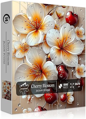 PICKFORU Rompecabezas de flores de cerezo para adultos de 1000 piezas, rompecabezas de arte floral vintage de 1000 piezas, rompecabezas únicos y