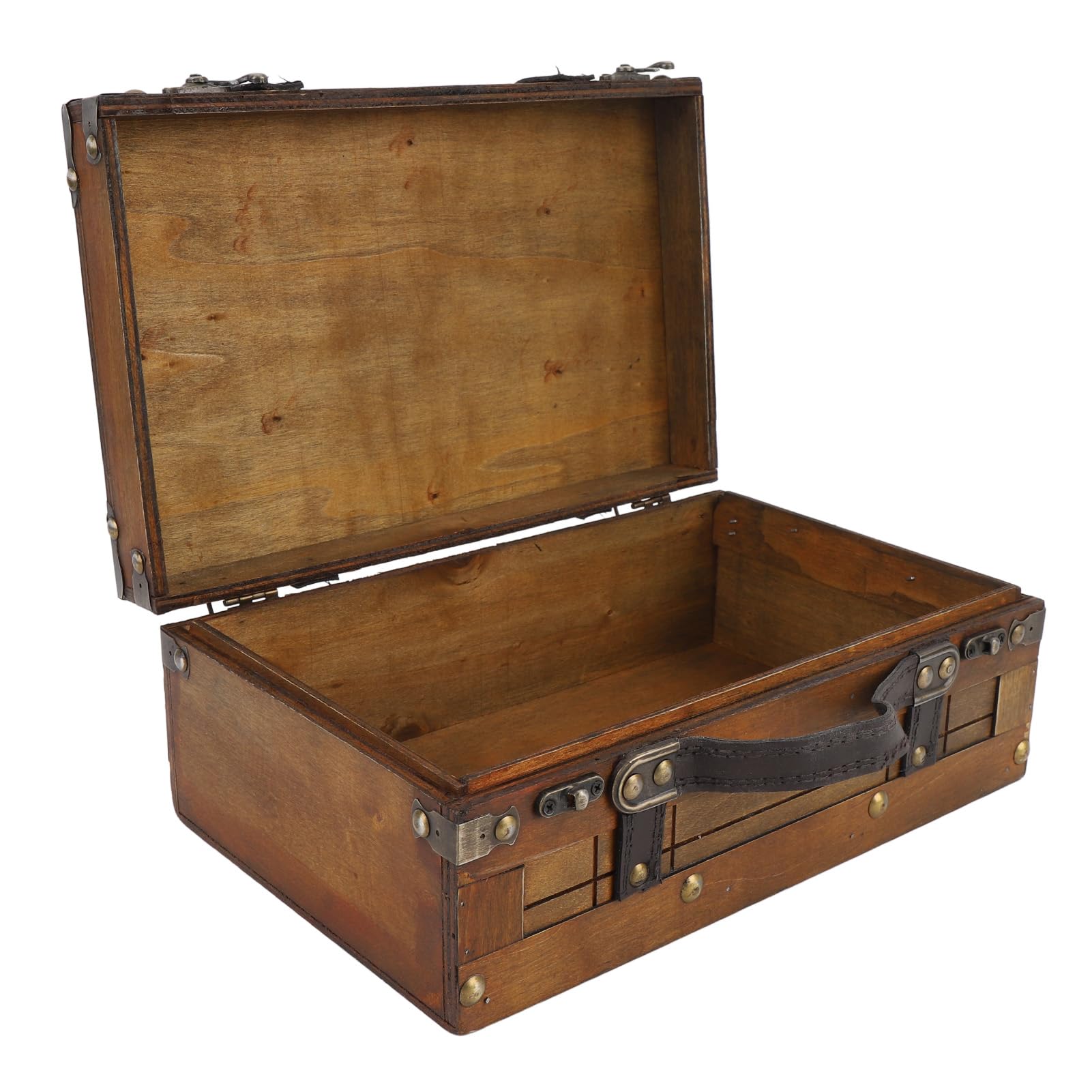 RIZGHWOY Wooden Storage Chest, Wooden Storage Trunk Retro Suitcase with Antique Bronze Latch Leather Handle for Home Decor (Small)-image-7
