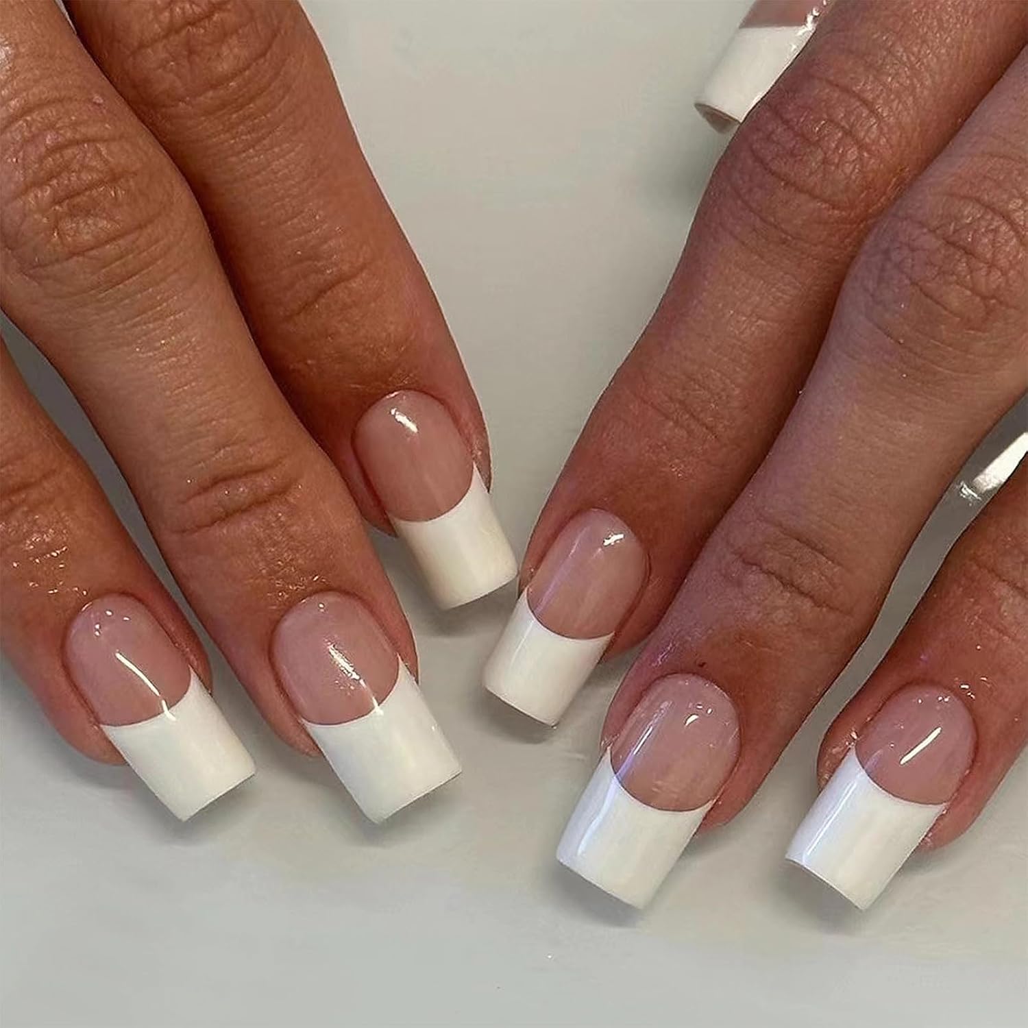 MISUD Press on Nails - Long Square Fake Nails, Acrylic White French Tip Design 24 pcs