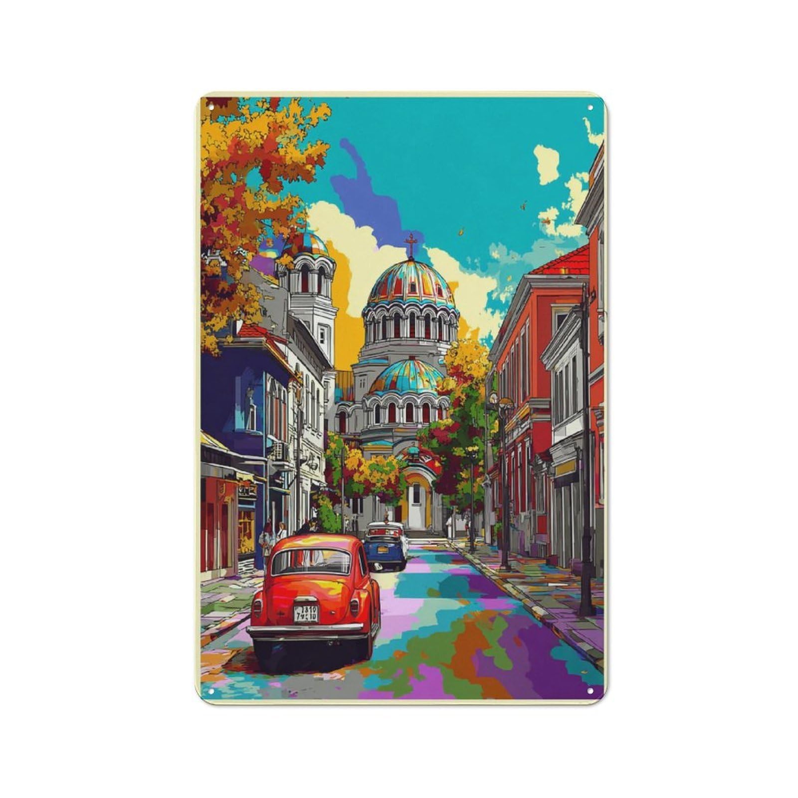 Junmoney Colorful Cityscape With Vintage Cars Vintage Metal Plaque 30X20cm For Café Or Restaurant, A Decorative Gift For A Newly Furnished Café And Restaurant