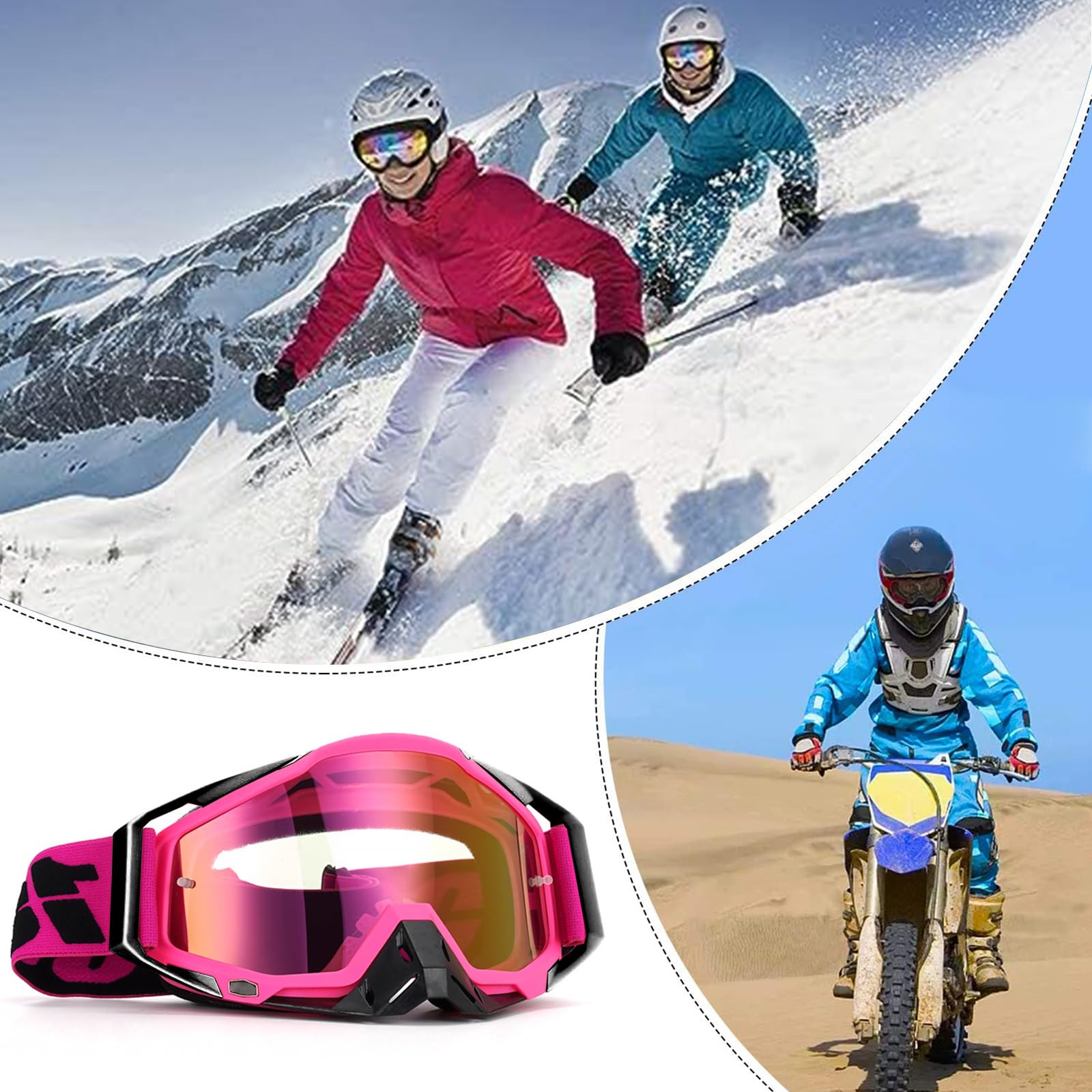 Occhiali da Motocross, Antivento e Antipolvere, Antiappannamento e UV, per Dirt Bike, Sci, Cross, Ciclismo e Gare di Fondo, Rosa 1, Multisport, Unisex